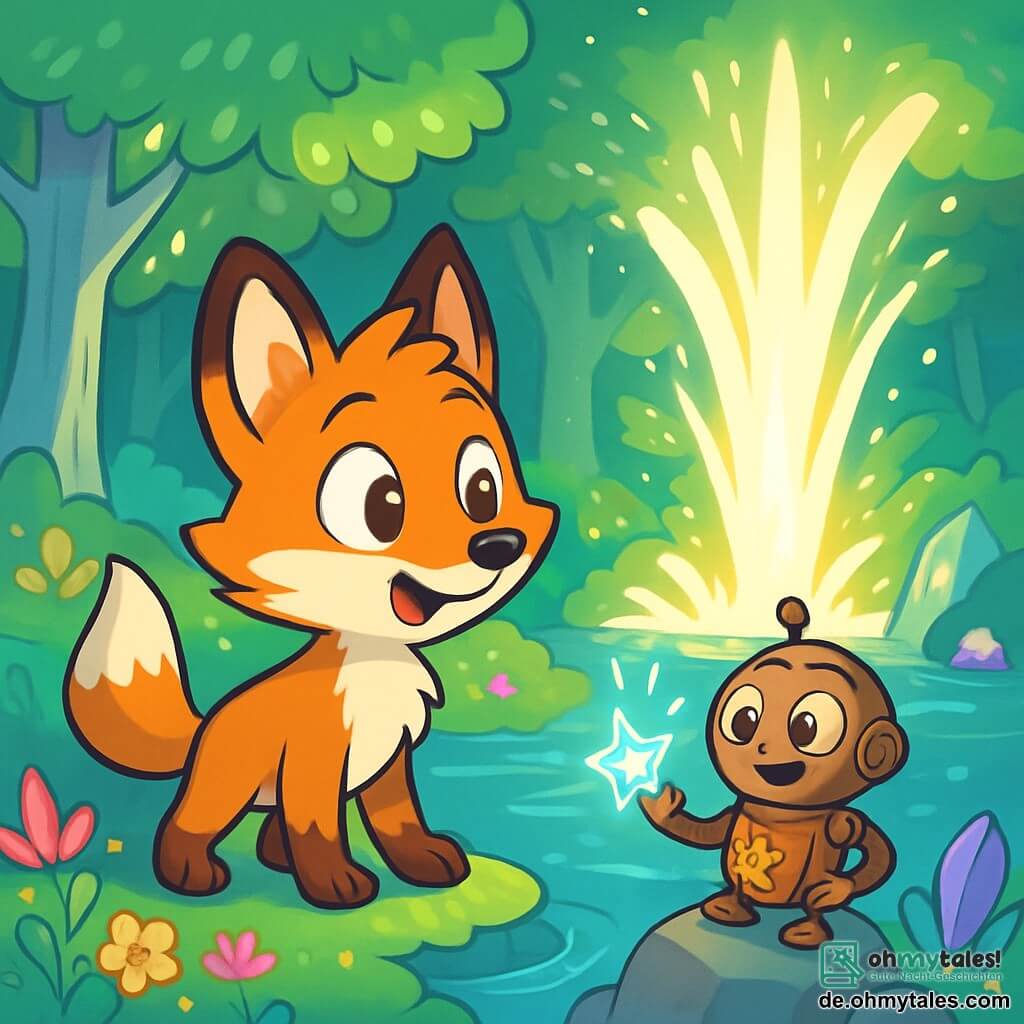 Ein junger Fuchs mit leuchtendem Fell, namens Fresco, steht am Ufer eines glitzernden Sees, seine Augen strahlen vor Neugier und Staunen. Mit spitzen Ohren und einem buschigen Schwanz, der aufgeregt aufgerichtet ist, beobachtet er einen wunderschönen Wasserfall aus magischem Licht, der aus einer versteckten Quelle hinter leuchtenden Bäumen sprudelt. In der Nähe steht ein kleines mechanisches Wesen, der Tüftler, auf einem Stein, mit sichtbaren Zahnrädern und funkelnden Augen. Stolz hält er ein kleines glänzendes Gerät in den Händen, bereit, Fresco die Wunder der Magie zu zeigen. Der Ort ist eine verzauberte Lichtung, umgeben von großen Bäumen mit silbernen Stämmen, deren Äste sich wie einladende Arme ausstrecken. Bunte Blumen und funkelnde Kristalle bedecken den Boden, während ein sanfter, leuchtender Nebel in der Luft tanzt. Fresco entdeckt die Quelle der Magie, fasziniert von den Lichtreflexen im Wasser, während der Tüftler ihn ermutigt, die Geheimnisse dieser faszinierenden Welt zu erkunden.