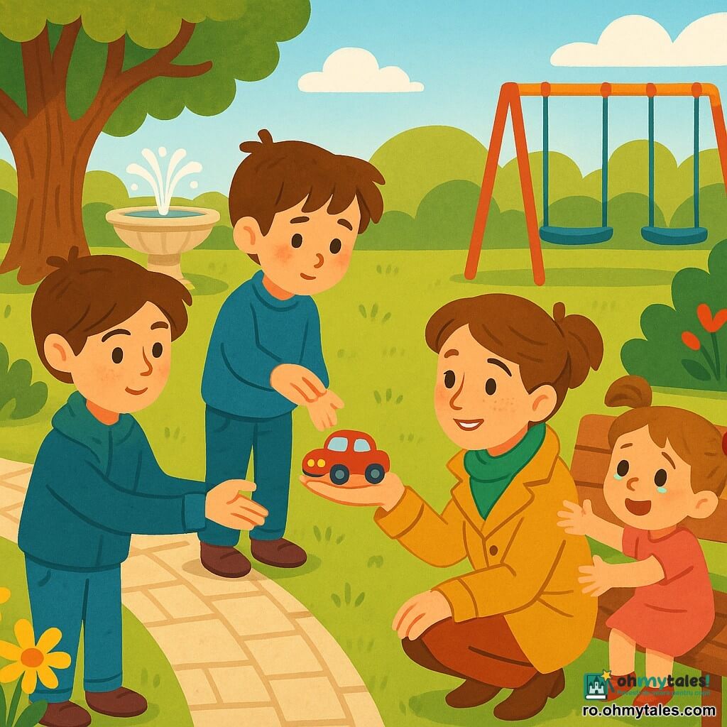 O detectivă, Ana, calmă și binevoitoare, cu ten cu pistrui, păr șaten prins practic, purtând un pardesiu galben muștar și un fular verde; este în genunchi, zâmbitoare, ținând o mașinuță roșie în palmă. Un băiat de circa 7 ani, timid, păr șaten dezordonat, bluză albastră și blugi, stă ușor retras lângă un tufiș, mâna întinsă ca și cum ar fi înapoiat mașinuța. O fetiță de circa 5 ani, cu cozi și rochiță roz, așezată pe o bancă lângă leagăne, cu ochii umezi care se înseninează când vede mașinuța și întinde brațele spre Ana. Parcul e luminos, gazon verde, un copac mare cu trunchi noduros, o fântână mică din piatră, o alee pietruită și flori galbene și roșii; lumină caldă de prânz, umbre blânde. Scena principală: moment de restituire și iertare — Ana redă mașinuța, băiatul mărturisește timid, fetița zâmbește; compoziție centrată, culori vii, forme rotunjite și linii clare, atmosferă reconfortantă și optimistă.