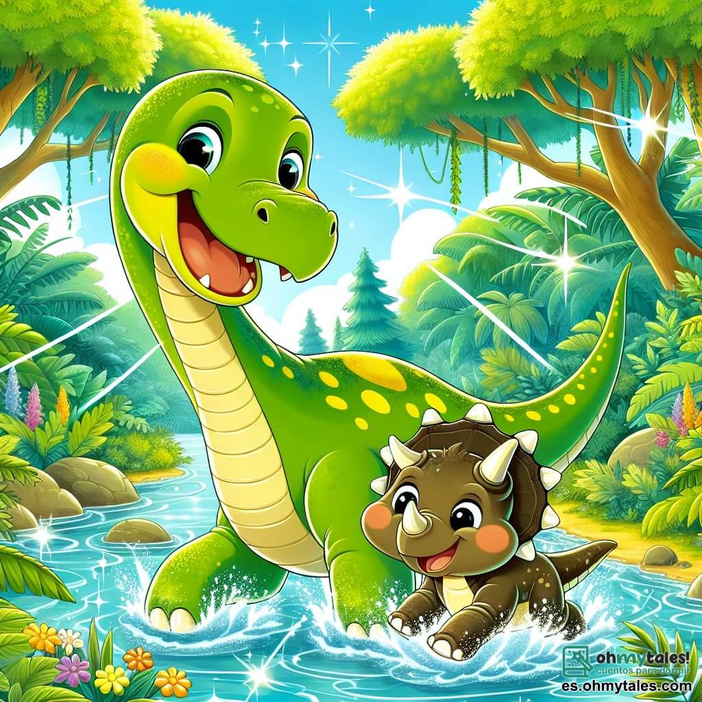 Un diplodocus grande y amigable, llamado Dino, está en un arroyo brillante, con una amplia sonrisa en su rostro alegre. Su cuerpo es verde con manchas amarillas, y tiene un largo cuello que se estira hacia el cielo. A su lado, un pequeño triceratops llamado Tico, con piel marrón y cuernos blancos, salpica agua riendo, con los ojos brillando de felicidad. La escena se desarrolla en una jungla exuberante, llena de árboles gigantes con hojas verdes y brillantes, y flores coloridas que añaden un toque de magia. El sol filtra a través del follaje, creando juegos de luz sobre el agua clara del arroyo. Dino y Tico se divierten juntos, chapoteando en el agua y riendo por las salpicaduras, ilustrando una hermosa amistad entre dos dinosaurios en un mundo prehistórico encantador.