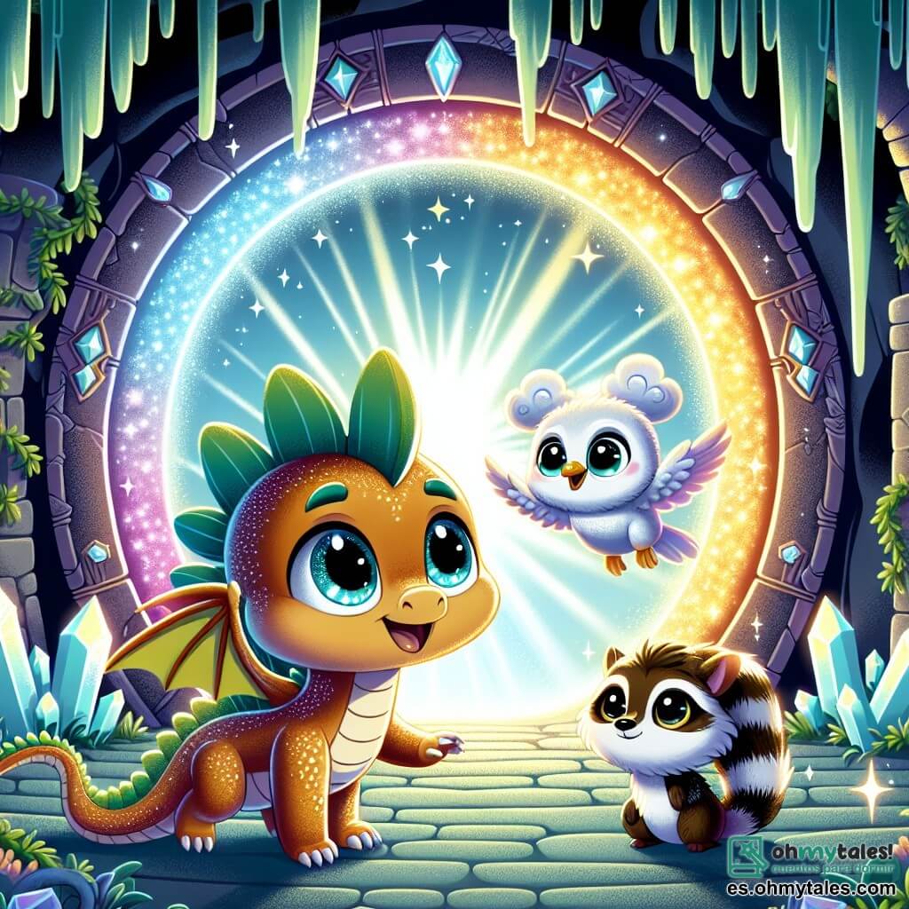 Un pequeño dragón con escamas brillantes como estrellas, grandes ojos curiosos y una sonrisa maravillada, se encuentra frente a un portal luminoso lleno de colores vivos. A su lado, un zorro eléctrico con pelaje brillante y ojos chispeantes observa el portal con curiosidad. Un pájaro de plumas esponjosas vuela ligeramente sobre ellos, mostrando una mirada decidida. El lugar es una cueva misteriosa con paredes cubiertas de lianas verdes y cristales brillantes que reflejan la luz del portal, creando una atmósfera mágica. La escena muestra al dragón y sus amigos listos para entrar en un portal temporal, simbolizando su inminente aventura en un mundo medieval lleno de magia y misterios.