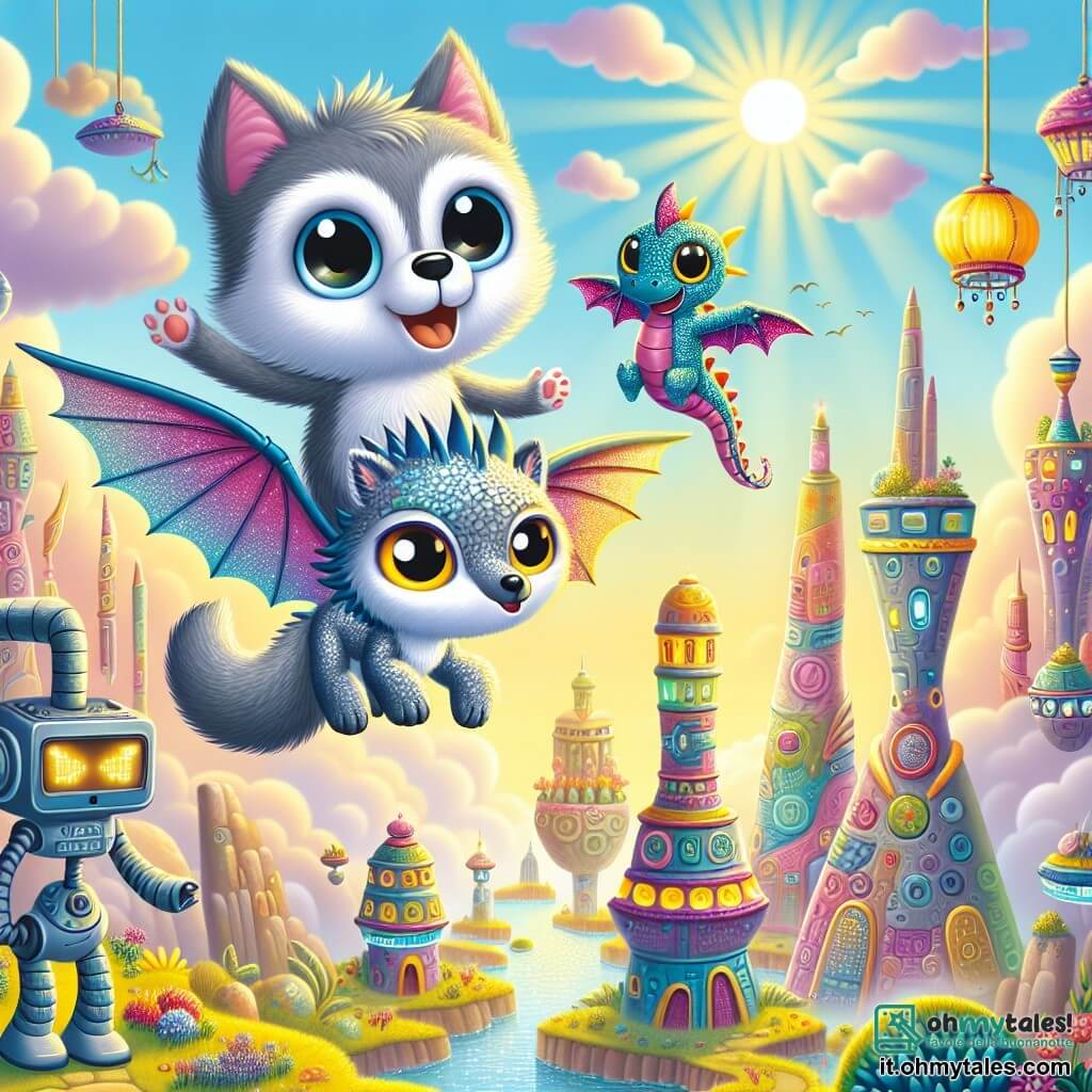Lupoletto, un piccolo lupo dal pelo morbido e grigio, con grandi occhi brillanti di curiosità, vola nell'aria sulla schiena di Draghino, un piccolo drago dalle squame colorate e scintillanti, che sorride felice. Sorvolano una città futuristica, dove edifici dalle forme strane e colorate si ergono verso il cielo, circondati da giardini sospesi e lanterne cantanti. Sotto, Robo, un robot amichevole con un corpo metallico lucente e occhi luminosi, li osserva con un sorriso incoraggiante, alzando un braccio per salutarli. La scena trasmette un'atmosfera di magia e avventura, con nuvole morbide e raggi di sole che illuminano il paesaggio fantastico. Lupoletto e Draghino volano insieme, esplorando la bellezza di questa città meravigliosa, piena di sorprese e gioia.