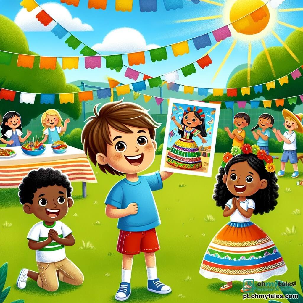Um menino de 8 anos, Lucas, com cabelos castanhos e olhos brilhantes, está no centro da imagem, sorrindo com orgulho enquanto segura um desenho colorido representando uma grande festa multicultural. Ele usa uma camiseta azul e um short vermelho, e seu rosto expressa alegria e empolgação. Ao seu lado, Ana, uma menina de 8 anos com cabelos negros e cacheados, vestida com um vestido tradicional mexicano colorido, aplaude com entusiasmo. Ela tem um grande sorriso e parece feliz por participar da celebração. Um pouco mais longe, Tomás, um menino de 9 anos, originário de Angola, com pele escura e cabelos crespos, dança alegremente, vestindo uma camiseta verde e uma calça bege. Ele está cercado por outras crianças que o incentivam. O local é um pátio escolar ensolarado, decorado com bandeirinhas coloridas e mesas cheias de pratos típicos do mundo todo. Árvores verdes cercam o fundo, e crianças de diferentes origens brincam juntas, criando uma atmosfera festiva e alegre. A cena principal mostra Lucas, Ana e Tomás celebrando a diversidade cultural durante uma festa escolar, onde cada um compartilha suas tradições e talentos, ilustrando a importância da unidade e do respeito entre as diferentes culturas.