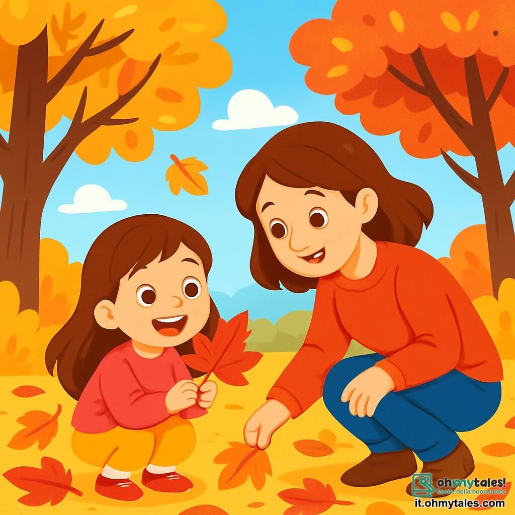 Una bambina di 6 anni, con lunghi capelli castani e occhi scintillanti di gioia, è accovacciata in un giardino pieno di foglie autunnali dai colori vivaci: rossi, arancioni e gialli. Sorride ampiamente, tenendo una foglia rossa tra le mani, meravigliata dalla sua bellezza. Accanto a lei, la mamma, una donna di circa trent'anni con capelli castani e un sorriso caloroso, si piega per raccogliere un'altra foglia, condividendo questo momento felice con la figlia. Il giardino è un luogo incantevole, con alberi maestosi dalle foglie colorate, un cielo azzurro chiaro e un dolce sole autunnale che illumina la scena. La situazione principale mostra la bambina e la mamma esplorare il giardino, ridendo e giocando tra le foglie, creando un'atmosfera di felicità e scoperta nel cuore dell'autunno.