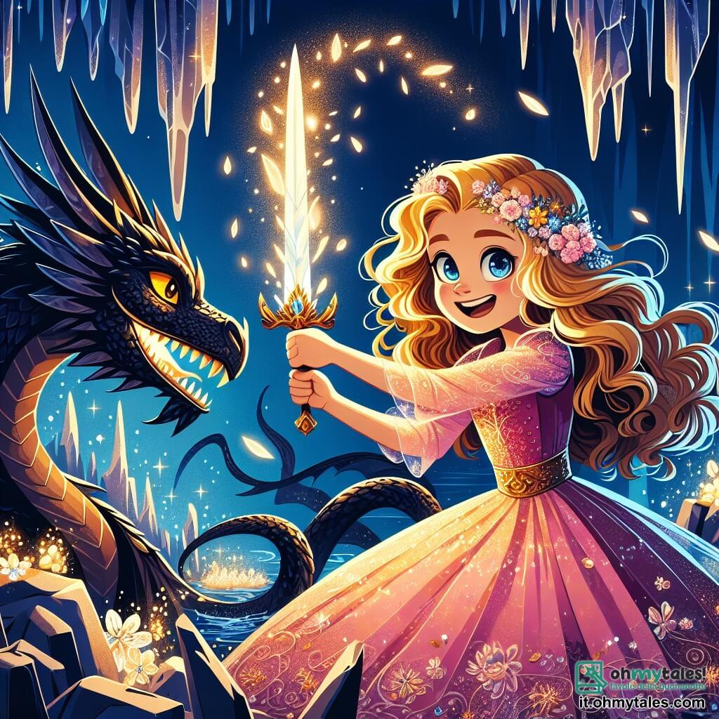 La principessa Livia, una ragazza di circa 12 anni, ha lunghi capelli dorati che cadono in riccioli intorno al suo viso sorridente. Indossa un vestito rosa brillante decorato con fiori scintillanti, e i suoi occhi brillano di una gioiosa determinazione mentre brandisce una spada luminosa, pronta ad affrontare il drago. Al suo fianco c'è il Drago Nero, una maestosa creatura con squame nere brillanti e occhi dorati, che la guarda con curiosità, con le sue grandi ali spiegate dietro di lui. Lo sfondo è una caverna misteriosa, con stalattiti scintillanti e ombre danzanti create dalla luce della lama di Livia. La scena trasmette un'atmosfera di tensione mescolata a speranza, mentre la principessa e il drago si fronteggiano, pronti a scoprire la verità dietro il loro incontro.