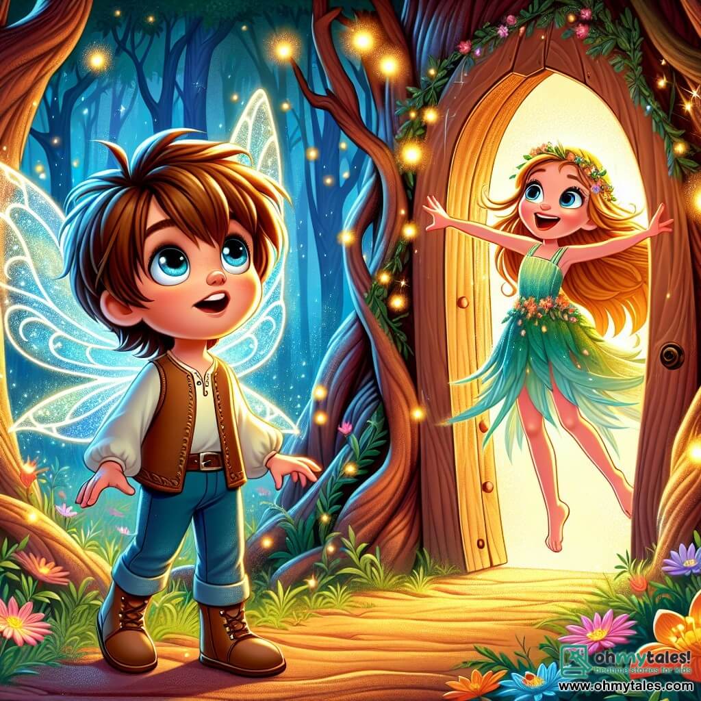 Leo, a young boy with brown hair and sparkling eyes, stands in front of a magical door hidden behind a tree. He has a look of wonder on his face, arms open, ready to enter an enchanted world. Beside him, a small fairy with shimmering wings, about 8 years old, joyfully flies. She has long golden hair and wears a dress made of flower petals, excitedly pointing to the door, inviting Leo to enter. The setting is a fairy-tale forest with twisted tree trunks and shiny leaves, illuminated by fireflies, with colorful flowers everywhere, creating a magical atmosphere. The main scene shows Leo discovering the secret door, surrounded by light and magic, ready to embark on an incredible adventure in this fairy world.