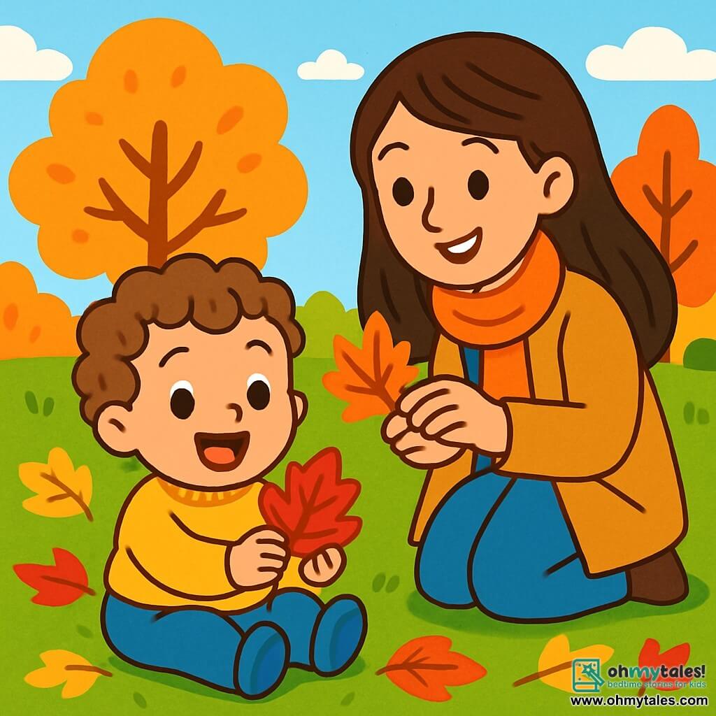 A 2-year-old boy with curly hair and sparkling eyes joyfully smiles while holding a bright red autumn leaf in his small hands. He wears a yellow sweater and blue pants, sitting on the green grass surrounded by colorful leaves. His mother, a woman in her thirties with long brown hair and a warm smile, stands beside him, showing him more leaves. She wears an orange scarf and a light coat. The garden is filled with trees with vibrant leaves in shades of orange, red, and yellow. The sky is a clear blue with a few white clouds drifting gently. In this scene, the little boy discovers the beauty of autumn leaves, amazed by the vivid colors around him, while his mother encourages him tenderly.