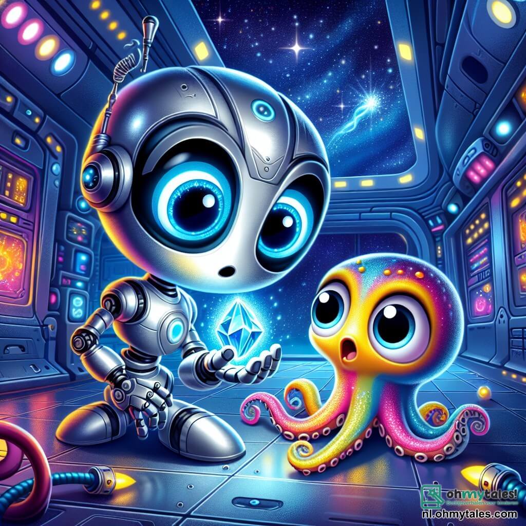In het midden van de afbeelding kijkt Nova, een kleine robot met zilveren reflecties en felblauwe ogen, verwonderd naar een schitterende kristal dat pulserend licht in zijn hand uitstraalt. Zijn gezicht toont intense nieuwsgierigheid, terwijl zijn metalen armen naar het kristal reiken. Aan zijn rechterkant observeert Zira, een octopus met levendige kleuren en ondeugende ronde ogen, het kristal met een mix van opwinding en intrige. Ze zit op de grond, haar kleurrijke tentakels om haar heen spreidend, klaar om Nova te helpen. De achtergrond is een oude gang van het ruimtebasis Zirkon, met glanzende metalen muren, knipperende lichten en futuristische controlepanelen. Sterren twinkelen door grote ramen, wat een magische sfeer toevoegt. De hoofdscène toont Nova die het mysterieuze kristal ontdekt, terwijl Zira nieuwsgierig dichterbij komt, beiden verdiept in het verkennen van een intergalactisch geheim.