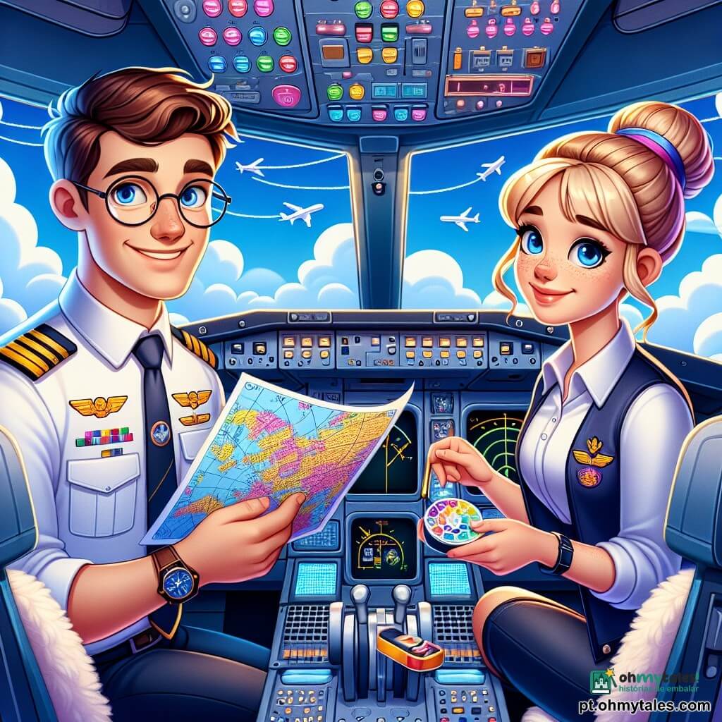Um piloto de avião, um homem de cerca de trinta anos, com cabelos castanhos e óculos redondos, sorri com confiança enquanto segura um grande plano de voo colorido. Ele veste uma camisa azul e uma jaqueta de piloto adornada com medalhas brilhantes. Ao seu lado, uma jovem chamada Lara, de aproximadamente 25 anos, com cabelos loiros presos em um coque, examina ferramentas em uma pequena caixa de ferramentas, exibindo uma expressão concentrada e determinada. O cenário se passa no cockpit de um avião moderno, com instrumentos luminosos, telas piscando e janelas que oferecem uma vista espetacular de um céu azul salpicado de nuvens brancas. A cena principal mostra o piloto e Lara se preparando para o voo, trocando ideias para garantir uma viagem confortável para os passageiros, com sorrisos cúmplices e uma atmosfera de cooperação alegre.