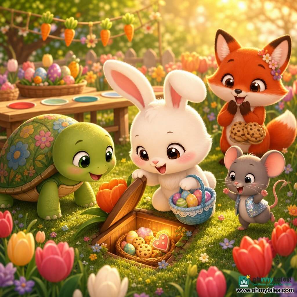 Pip, a small white chibi rabbit with big ears and rosy cheeks, kneels proudly and gently opens a tiny wooden hatch hidden beneath an orange tulip while holding a blue basket of painted eggs; Tilly, a green chibi turtle with a floral shell, smiles supportively from Pip's left with a paw on the ground; Nora, a red chibi fox with mischievous eyes, applauds joyfully from the right holding cookies; Squeak, a gray chibi mouse in a shiny vest, jumps excitedly near the tulips; the bright spring garden—vivid green grass, multicolored tulip beds, carrot garlands and a painted wooden table for sorting eggs—glows in warm late-afternoon light as the hatch reveals a glowing basket of treats, friends sharing a tender, joyful moment with soft, saturated pastel colors.