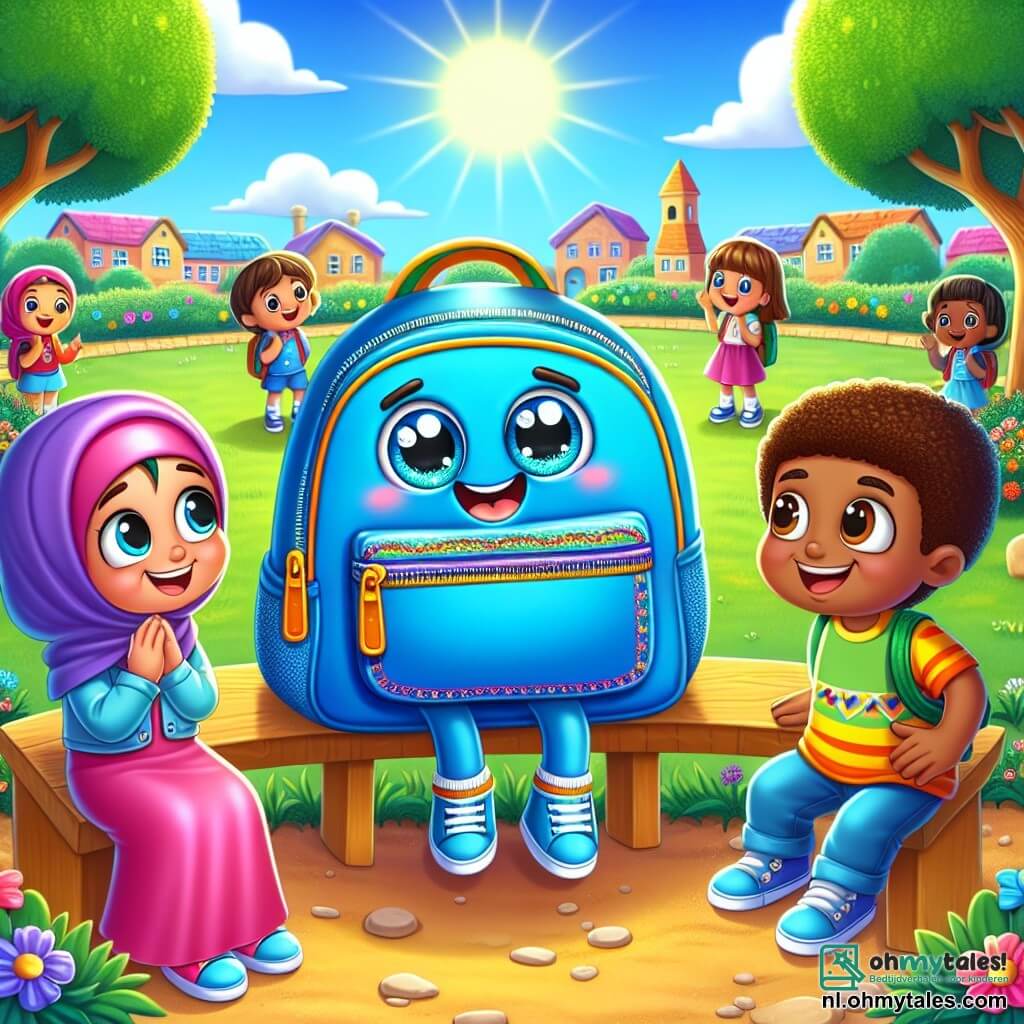 In het midden van de afbeelding zit Rocco, een ruige en blije blauwe rugzak met een grote glimlach, op een schoolbank, zijn ritsen glanzend in de zon. Hij kijkt enthousiast naar zijn vrienden, zijn ogen sprankelend van vreugde en opwinding. Rechts van hem staat Sam, een jongen met bruin haar en sprankelende ogen, die een kleurrijk t-shirt draagt en breed glimlacht terwijl hij met zijn handen een verhaal vertelt. Links zit Amina, een meisje van Noord-Afrikaanse afkomst met een karamelkleurige huid en een kleurrijke sjaal om haar hoofd, die aandachtig luistert met een warme glimlach, wat aangeeft dat ze zich geaccepteerd en gelukkig voelt. De achtergrond is een levendige schooltuin vol kleurrijke bloemen en groene bomen, met kinderen die op de achtergrond spelen. De lucht is blauw met enkele witte wolken en de zon schijnt, wat een vrolijke en gastvrije sfeer creëert. De scène toont het moment waarop Rocco, Sam en Amina verhalen over hun culturen delen, waarbij ze diversiteit en vriendschap vieren, omringd door andere nieuwsgierige kinderen die aandachtig luisteren, wat het thema van tolerantie en acceptatie illustreert.