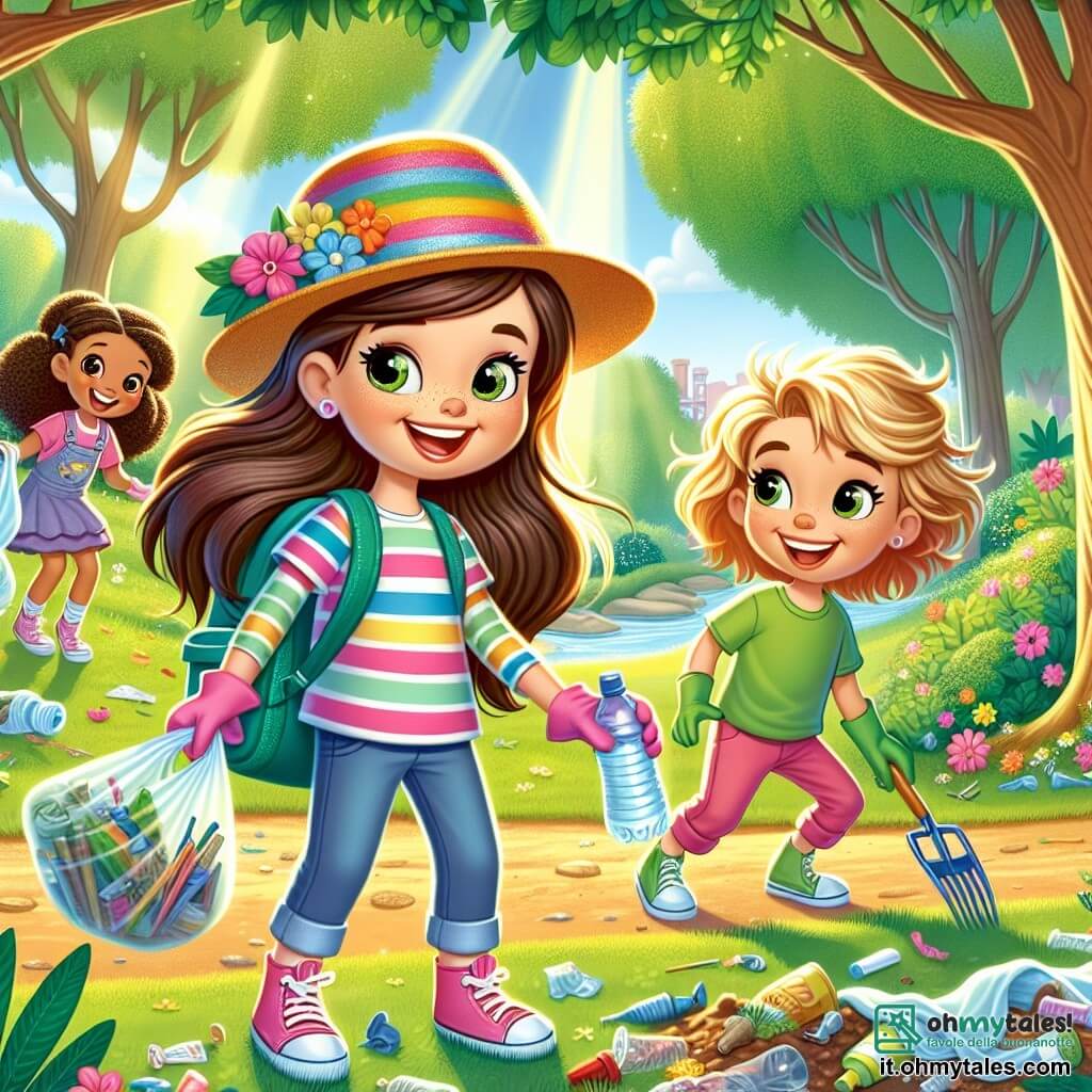 Una bambina di 6 anni, Sofia, con lunghi capelli castani e occhi scintillanti, indossa un bel cappello colorato e una maglietta a righe. Sorride con entusiasmo, tenendo uno zaino pieno di forniture per pulire il parco. Accanto a lei, un ragazzo di 7 anni, con capelli biondi spettinati e una maglietta verde, raccoglie rifiuti con guanti da giardinaggio, mostrando un'espressione determinata. Un'altra bambina, di 6 anni con capelli ricci e un vestito rosa, si avvicina con un grande sorriso, tenendo una bottiglia d'acqua e un sacchetto di plastica per raccogliere i rifiuti. Il luogo è un parco verdeggiante, pieno di alberi maestosi, fiori colorati e un prato ben curato. I raggi di sole filtrano tra le foglie, creando ombre danzanti sul terreno. La scena principale mostra Sofia e i suoi amici mentre puliscono il parco, ridendo e incoraggiandosi a vicenda, mentre raccolgono rifiuti e decorano il luogo con disegni colorati sul pavimento. L'atmosfera è gioiosa e piena di energia, illustrando il loro impegno a proteggere la natura.