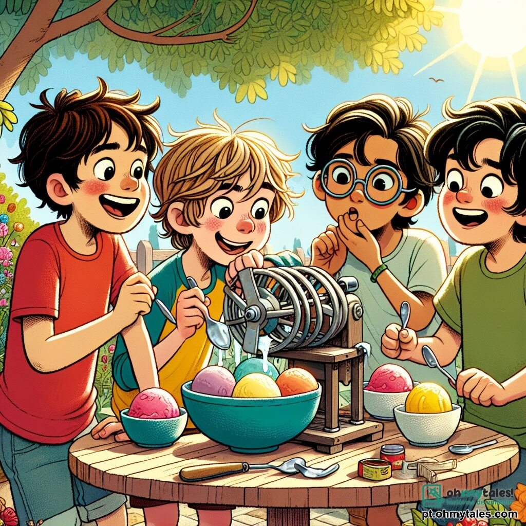 Em um jardim ensolarado, quatro meninos de 11 anos estão ao redor de uma máquina de sorvete caseira. Lucas, com cabelos castanhos bagunçados e uma camiseta vermelha, ri segurando uma colher de sorvete. À sua direita, Miguel, com cabelos loiros e um boné azul, observa a máquina com olhos arregalados, pronto para agir. À esquerda, João, com óculos redondos e uma camiseta verde, ajusta as hélices da máquina, concentrado em seu trabalho. Por fim, Pedro, com cabelos negros e uma camiseta amarela, gesticula exageradamente explicando sua ideia, sorrindo. O jardim está cheio de flores coloridas e árvores verdes, com uma grande mesa de madeira onde tigelas de sorvete transbordam de cores vivas. O sol brilha, criando uma atmosfera alegre e festiva. Os meninos testam sua máquina de sorvete, que transborda chocolate e creme, criando uma cena divertida e caótica, onde o sorvete voa por todos os lados, enquanto eles riem e se divertem juntos.