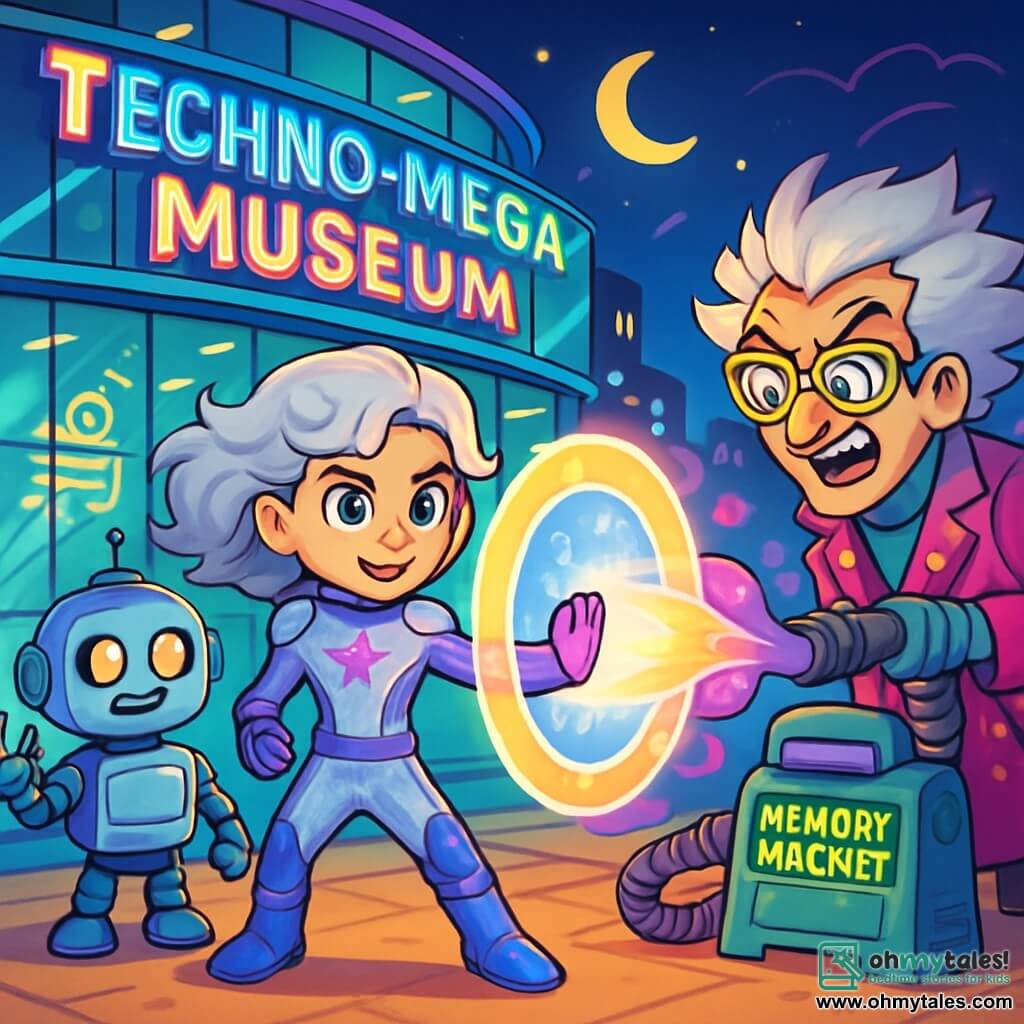 Starlight Nova, a 13-year-old young heroine, stands proudly at the center of the image, wearing a shimmering silver suit adorned with purple and blue patterns. Her curly silver hair flows in the wind, and her eyes shine with bright determination. She is ready to face danger, displaying an expression of courage and confidence. Next to her is Captain Robo, a friendly medium-sized robot with a shiny metallic appearance and glowing eyes, smiling as he raises an arm to showcase a futuristic gadget, ready to assist Starlight Nova in her mission. The backdrop features the Techno-Mega Museum, a futuristic building with transparent glass walls, illuminated by colorful neon lights sparkling in the air. Incredible inventions are displayed inside, visible through the large windows. The main scene shows Starlight Nova confronting Dr. Mischief, a man with messy hair and a flashy outfit filled with blinking buttons. He is activating his Memory Magnet, a strange machine that sucks up memories, while Starlight Nova prepares to stop him with a shimmering light shield. The atmosphere is tense, full of energy and suspense.