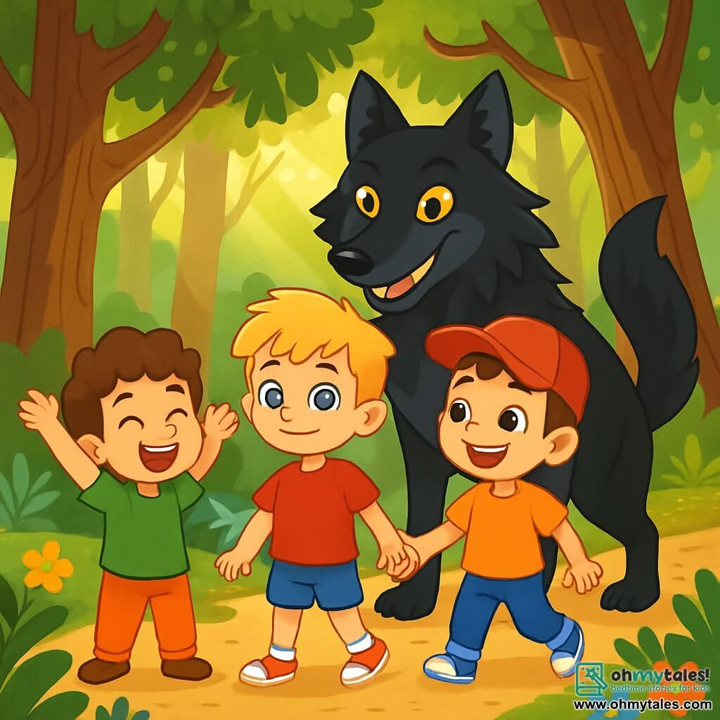 There are 4 characters: Max, a 7-year-old boy with bright sapphire-blue eyes, messy blond hair, wearing a red t-shirt and denim shorts, standing in the center, smiling courageously; Sam, a 6-year-old boy with curly brown hair, sparkling eyes, and a green t-shirt, to the left of Max, joyfully laughing and raising his arms in excitement; Leo, a 7-year-old boy in a bright red cap, with chestnut hair and a big smile, to the right of Max, enthusiastically holding his friend's hand; and the Big Bad Wolf, a majestic creature with fur as black as night, bright yellow eyes, and sparkling white teeth, slightly in the background, looking at the boys with a friendly expression, his tail gently sweeping the ground. The setting is in the Whispering Forest, where tall, gnarled trees reach towards the sky, their green leaves dancing in the wind. Sunlight filters through the foliage, illuminating the ground scattered with colorful flowers and lush ferns. A sparkling stream nearby adds a touch of magic to the environment. The main scene shows the boys, hand in hand, smiling and laughing, while the Big Bad Wolf accompanies them, his benevolent gaze and imposing body contrasting with the friendship developing between them. The trees whisper around them, creating an enchanted and warm atmosphere.