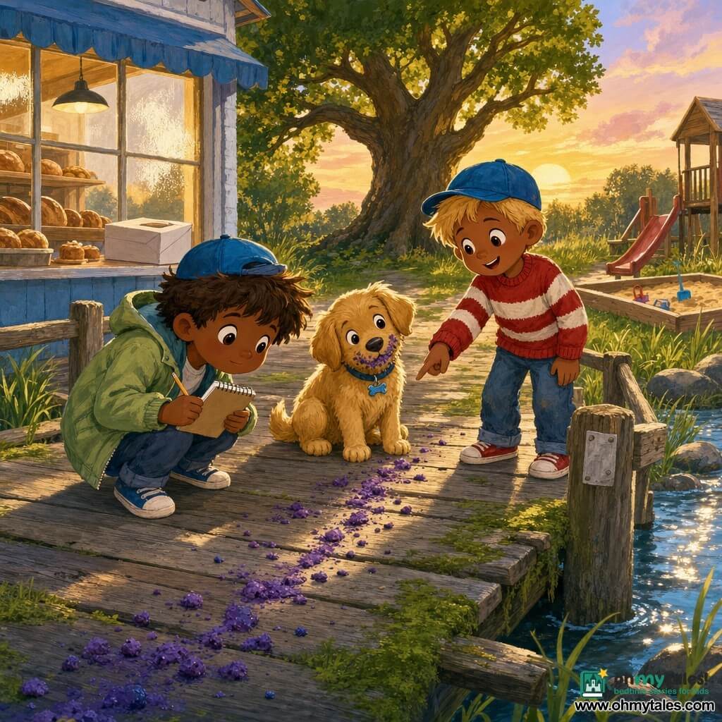 Three characters: Ben, about 6, tousled brown hair, small blue cap, light green coat, crouched front left holding a notebook and pencil, concentrating on the ground; Milo, about 6, blond hair, matching cap, red-and-white striped sweater, standing to Ben’s right, pointing at a trail of blue-purple crumbs with a curious smile; Pip, a male golden puppy with purple jam-speckled muzzle and a blue collar with a bone pendant, sitting between them with his head tilted. They are on a weathered wooden pier over a sparkling stream with low railing, mossy boards, a bakery visible to the left and a large oak in the distance at sunset, tall grasses and a sandbox to the right. Main action: the two little detectives follow the line of blue-purple crumbs leading to the puppy; warm light, vivid colors, visible textures, surprised and conspiratorial expressions, composition centered on the crumb trail to Pip.