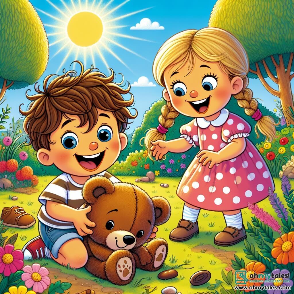 A 4-year-old boy named Tommy, with messy brown hair and big sparkling eyes full of curiosity, is crouched in the garden holding a brown bear stuffed animal. He has a joyful and excited expression as he searches for his friend Teddy. Next to him is his best friend Lily, a 4-year-old girl with braided blonde hair wearing a polka-dot pink dress, encouraging him with a big smile and hands on her hips, ready to help in their search. The garden is filled with colorful flowers, large green trees, and a bush where Teddy might be hiding. The sun shines in a clear blue sky, creating a cheerful atmosphere. The main scene shows Tommy and Lily actively searching for Teddy, with clues like a small piece of string and a paw print on the ground, illustrating their adventure as little detectives.