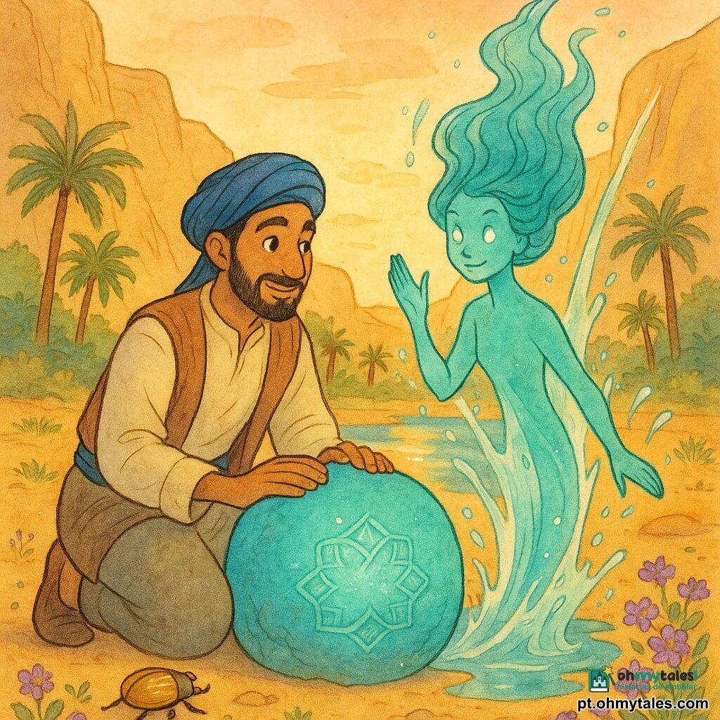Um homem chamado Amir, cerca de 30 anos, visage moreno, barba curta, cabelos negros sob um turbante azul, sorrindo sereno com a mão direita sobre uma grande Pedra da Serenidade redonda e brilhante que emite luz turquesa; ao lado, uma mulher-espírito da água, aparência de cerca de 20 anos, corpo translúcido azul-esverdeado, cabelos longos como algas e olhos luminosos, emerge parcialmente de um jato d'água ao lado da pedra e ergue a mão em gratidão; um pequeno besouro dourado de carapaça brilhante está em primeiro plano junto ao pé de Amir; o cenário é um oásis escondido numa vale entre falésias de areia dourada com palmeiras, tapetes de flores violetas, lagoas espelhadas ao pôr do sol e motivos geométricos inspirados nas Mil e Uma Noites gravados na pedra; tudo banhado por um pôr do sol alaranjado e toques de ouro, em estilo tinta colorida com traços suaves, paleta ocre-turquesa-violeta, texturas de papel aquarela e ornamentos arabescos com pequenos brilhos dourados.