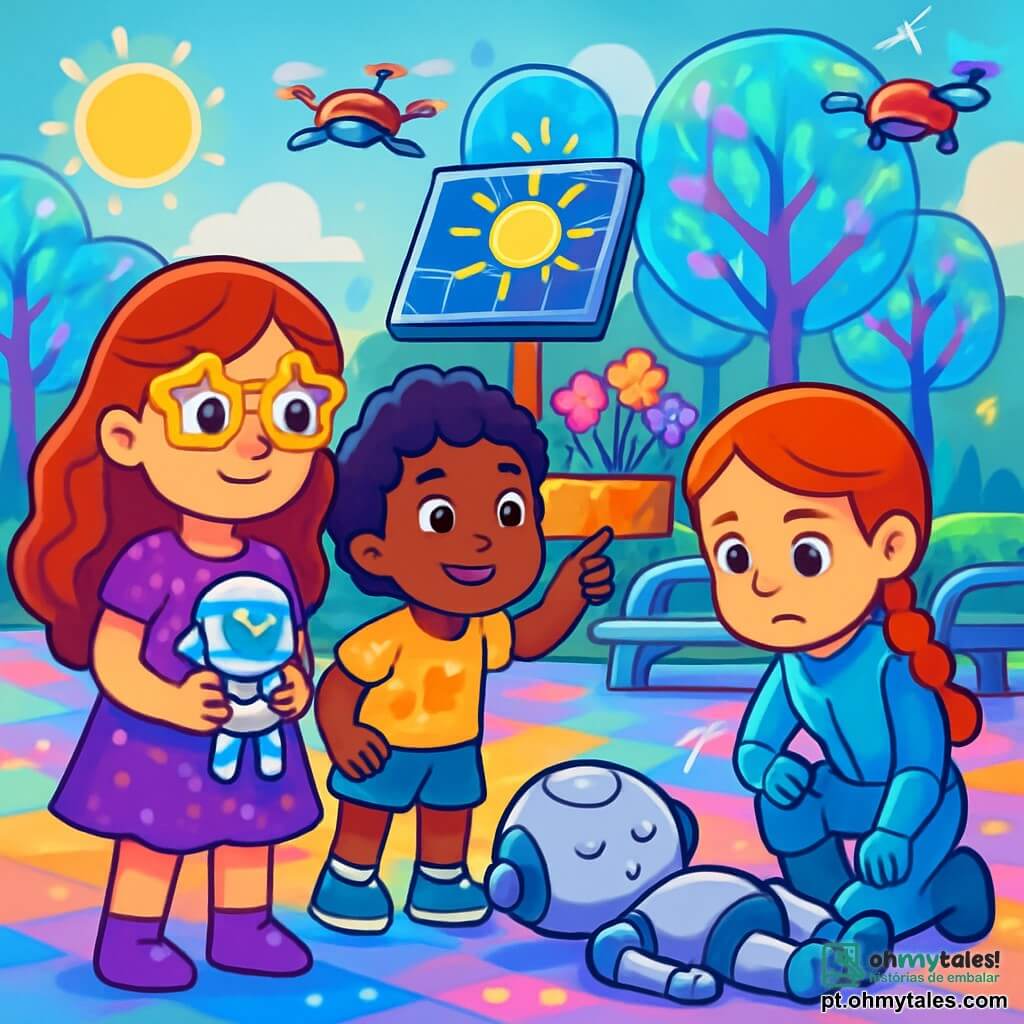 Há 3 personagens: - Luna: uma menina de 6 anos com cabelos longos e ondulados e óculos em forma de estrela. Ela usa um vestido violeta brilhante e segura um pequeno robô nas mãos. - Bia: uma menina de 6 anos com cabelos curtos e cacheados, vestindo uma camiseta amarela com estampas de sol. Ela está apontando para um painel solar piscante. - Sol: uma menina de 6 anos com cabelos lisos e uma trança, vestida com uma combinação futurista azul. Ela está agachada, examinando um robô adormecido no chão. O local é o parque central de LuminaCidade, um espaço vibrante com árvores de vidro que brilham ao sol. Drones coloridos voam acima, enquanto luzes multicoloridas dançam sobre os pavimentos. No centro, um grande painel solar pisca, cercado por flores luminosas e bancos futuristas. A cena principal mostra as três amigas, intrigadas e curiosas, se aproximando de um robô adormecido no chão, com expressões de determinação em seus rostos. Elas estão perto do painel solar piscante, prontas para resolver o mistério da parada dos robôs em sua cidade futurista.