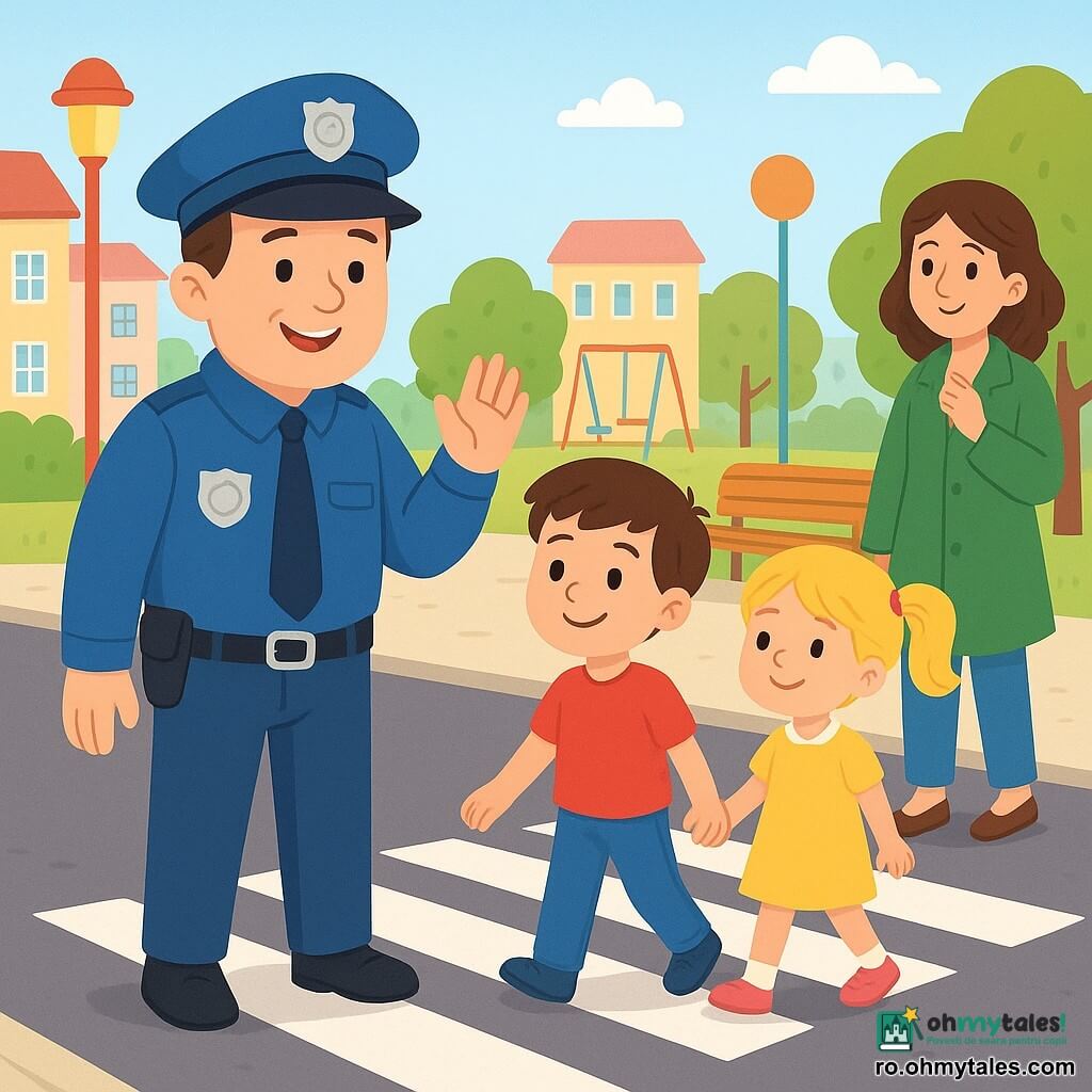 Un polițist de circa 40 de ani, cu față rotundă și zâmbitoare, în uniformă albastru vivid și șapcă, cu o placă argintie strălucitoare, oprește traficul cu gest benevolent; un băiat de 8 ani, cu păr șaten scurt, ține de mână o fetiță de 6 ani cu cozi blonde; ei privesc polițistul și traversează încrezători, zâmbind; o femeie de 30–35 de ani, mama, în palton verde, îi supraveghează de pe trotuar lângă o bancă, ușurată; loc: o stradă de cartier însorită cu treceri de pietoni albe, stâlpi colorați, clădiri joase în tonuri pastel, copaci și un loc de joacă; situație: polițistul ajută copiii să treacă în siguranță în timp ce mașinile se opresc la linia albă, atmosferă clară și liniștitoare, culori calde și forme simple pentru copii.