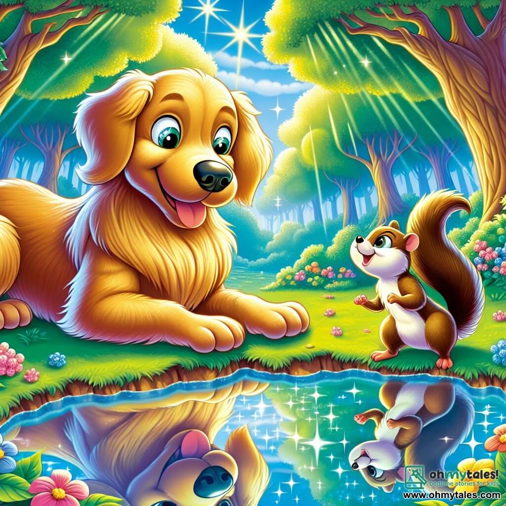 A cheerful golden retriever named Benny, with shiny golden fur and sparkling curious eyes, stands at the edge of a sparkling enchanted pond, his expression filled with wonder as he gazes at his reflection in the water. Beside him, a mischievous little squirrel named Sammy, with brown fur and a bushy tail, jumps for joy, his front paws raised in excitement. In the background, a magical forest looms, with majestic trees and vibrant green leaves, and colorful flowers dancing in the breeze, while rays of sunlight filter through the branches, creating a fairy-like play of light. The scene depicts Benny and Sammy making a wish together by the pond, ready to discover the magic that awaits them.