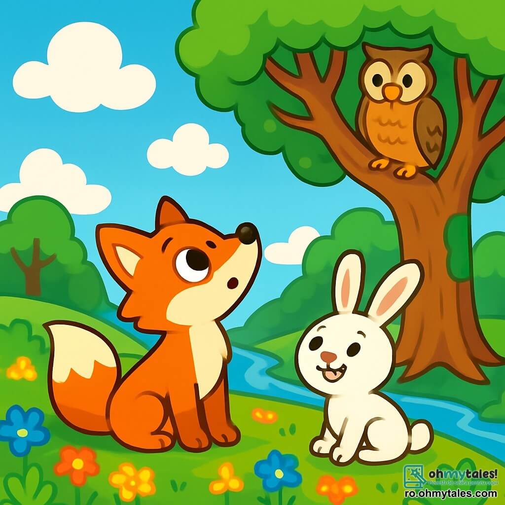 O vulpiță roșcată, cu blăniș strălucitor și coadă stufoasă, stă pe o pajiște de flori colorate, admirând norii pufoși de pe cer. Alături de ea, un iepuraș alb zâmbește, simțind entuziasmul aventurii. În spatele lor, un copac bătrân le oferă umbră, iar o bufniță înțeleaptă îi observă cu un zâmbet misterios. Locația este o pădure magică, plină de lumini și umbre, unde vulpița și iepurașul plănuiesc o aventură, căutând răspunsuri despre lume, încurajați de bufniță.
