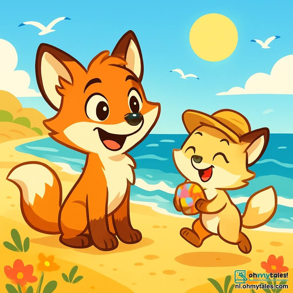 Een jonge vos met sprankelende ogen en stralende rode vacht, genaamd Felix, staat op een gouden strand, terwijl de wind door zijn puntoren speelt. Hij heeft een brede glimlach, vol opwinding en nieuwsgierigheid, terwijl hij naar de golven kijkt die zachtjes op de kust breken. Naast hem springt zijn kleine zusje, een vosje met zachte, romige vacht, genaamd Mila, van blijdschap, haar ogen stralend van geluk. Ze draagt een klein strohoedje en houdt een kleurrijke schelp in haar voorpoten, verwonderd door haar ontdekking. Op de achtergrond schittert de zee onder de stralende zon, met turquoise golven die dansen en witte meeuwen die in de azuurblauwe lucht zweven. Gouden zandduinen strekken zich zover het oog reikt, bezaaid met wilde bloemen in felle kleuren. De scène toont Felix en Mila die de schoonheid van het strand ontdekken, vol verwondering en avontuur, klaar om de geheimen van de zomer te verkennen.