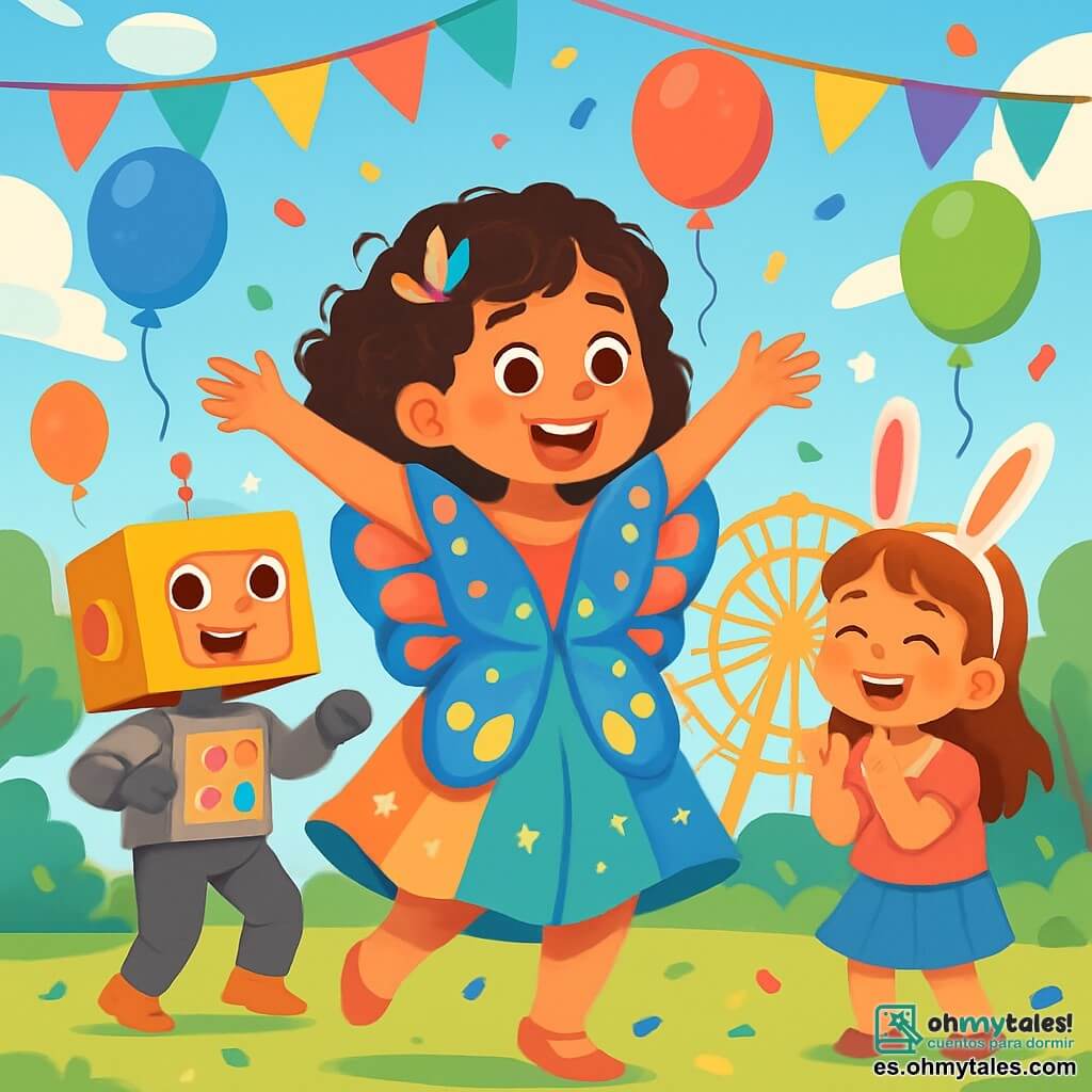 Una niña de 8 años, con cabello rizado y un vestido brillante de mariposa, sonríe con asombro, sus ojos brillan de alegría. Ella baila alegremente en medio de un parque colorido, rodeada de guirnaldas multicolores y globos flotantes. A su lado, un niño de 7 años, vestido de robot con un casco de cartón, hace movimientos de baile divertidos, mientras que una niña de 6 años, disfrazada de conejo con orejas de fieltro, aplaude riendo. El parque está lleno de risas, confeti y decoraciones festivas, con una noria iluminada al fondo. La escena muestra a los tres amigos celebrando el carnaval, rodeados de colores vivos y un ambiente alegre, listos para vivir una aventura mágica juntos.