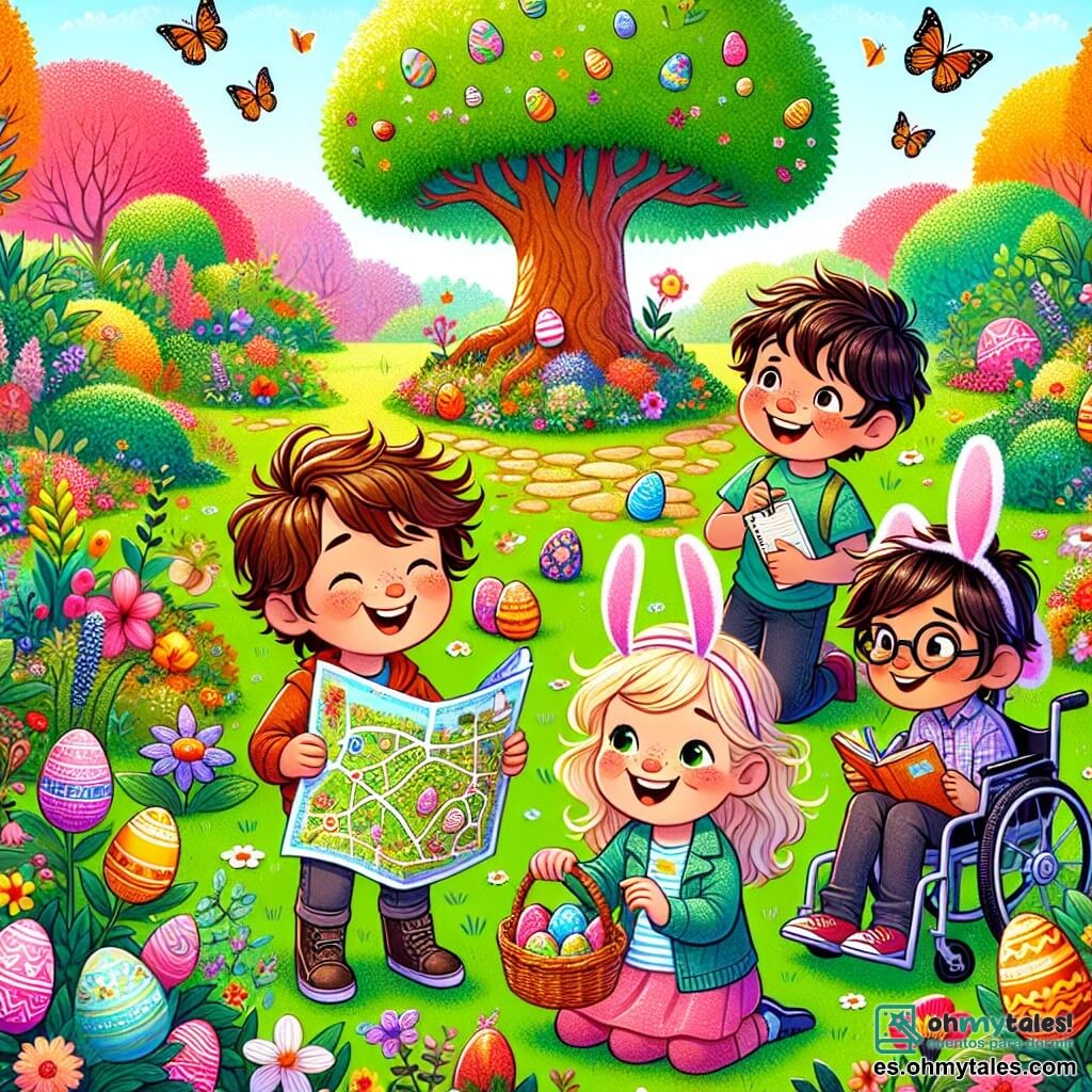 En un jardín colorido, cuatro amigos están juntos, listos para su gran búsqueda de huevos de Pascua. Lucas, un niño de 11 años con el cabello castaño y una gran sonrisa, está en el centro, sosteniendo un mapa dibujado a mano. A su derecha, Sofía, una niña de 10 años con cabello largo y rubio, lleva orejas de conejo y dibuja flores en su cuaderno. A la izquierda, Tomás, un niño de 11 años con gafas y cabello negro, mira debajo de un arbusto con determinación. Finalmente, Ana, una niña de 10 años en silla de ruedas, sonríe alegremente mientras sostiene una pequeña cesta, lista para recoger huevos. El jardín está lleno de flores coloridas, árboles verdes y un gran roble en el centro, donde brillan huevos de chocolate al sol. Mariposas vuelan alrededor, añadiendo un toque de magia a la atmósfera festiva. Los amigos buscan el huevo de Pascua más grande, explorando debajo de los arbustos y detrás de los árboles, llenos de emoción y anticipación.
