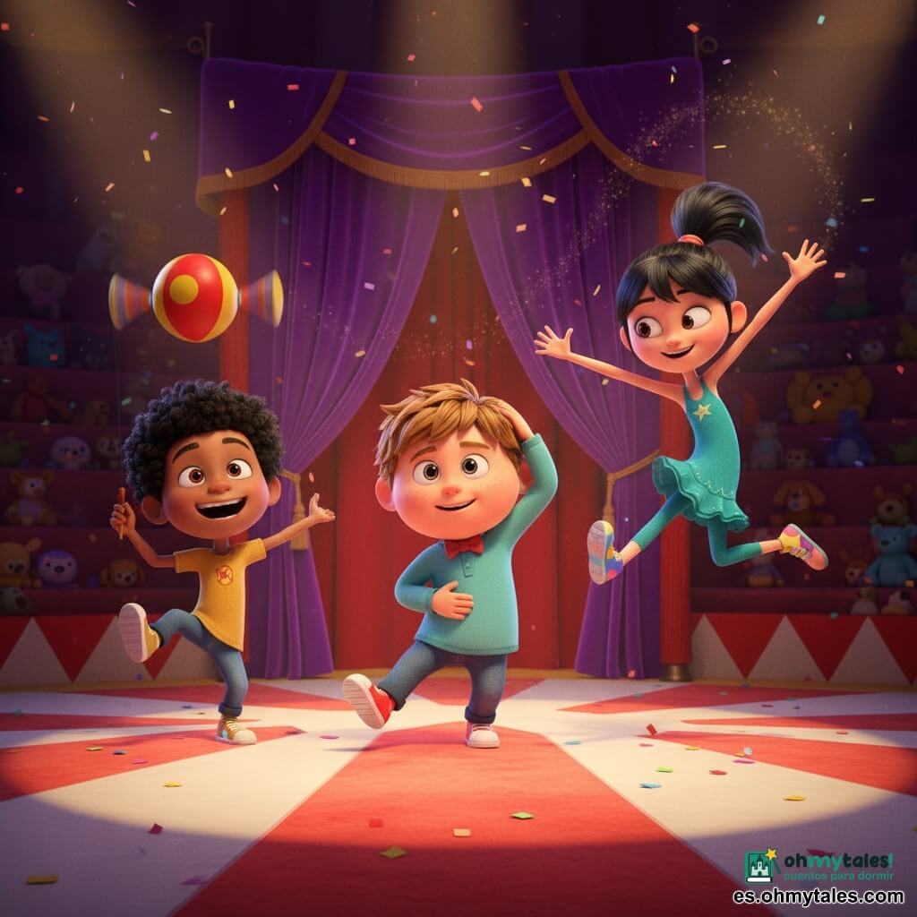 Tres niños de 6 años actúan en la pista del circo: Nico, rostro redondo con pequeñas pecas y pelo castaño claro alborotado, sonriente y algo nervioso, mano derecha en la cabeza y izquierda en el vientre, hace una pirueta en el centro; a su derecha Lila, delgada y ágil con coleta negra y zapatos coloridos, da un gran salto de rana mientras una zapatilla vuela; a la izquierda Tomás, de rizos negros, sostiene un diábolo rojo y amarillo que gira alto; la pista tiene alfombra a rayas roja y blanca, cortina de terciopelo púrpura entreabierta, focos cálidos, confeti en las gradas y una atmósfera festiva y algo caótica.