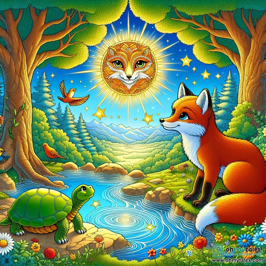 An illustration depicts a clever and curious fox with bright orange fur and sparkling intelligent eyes, sitting pensively by a pond with a slight expression of determination, as if pondering deep questions. Nearby, a wise old turtle with a green shell and knowing eyes observes the fox with a benevolent smile, sitting on a rock and exuding calm and serenity. The main setting is an enchanted clearing surrounded by tall trees with shiny leaves, where sunlight filters through the branches, casting golden patterns on the ground. A crystal-clear pond reflects the blue sky, and colorful flowers line the shores, adding a touch of magic to the environment. The main scene shows the fox and turtle engaged in a philosophical discussion about concepts of freedom, justice, and truth, while gentle ripples dance on the pond's surface, symbolizing the deep reflections arising from their conversation. Additional elements include singing birds in the trees, butterflies fluttering around the flowers, and a light breeze rustling the leaves, creating a peaceful and contemplative atmosphere.