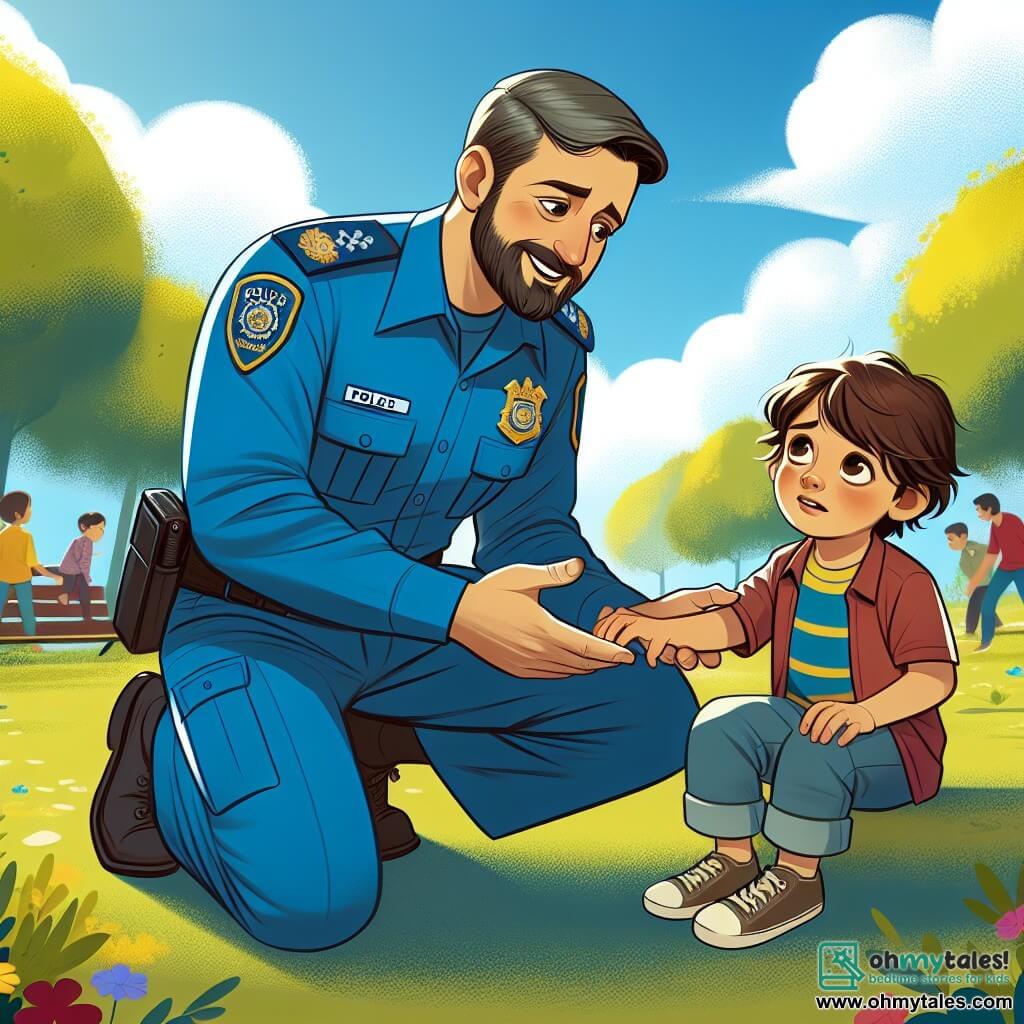 A police officer, a robust man in his thirties wearing a bright blue uniform and a warm smile, is kneeling beside a small boy. His face shows compassion and determination as he reaches out to reassure the child. The little boy, Tommy, a 6-year-old with messy brown hair and tear-filled eyes, sits on a swing, looking at the officer with a mix of fear and hope. The scene takes place in a sunny park filled with lush trees and colorful flowers, with children playing in the background and a clear blue sky dotted with fluffy white clouds. The main situation depicts the officer helping the lost boy find his mother, creating a moment of comfort and safety within the community.