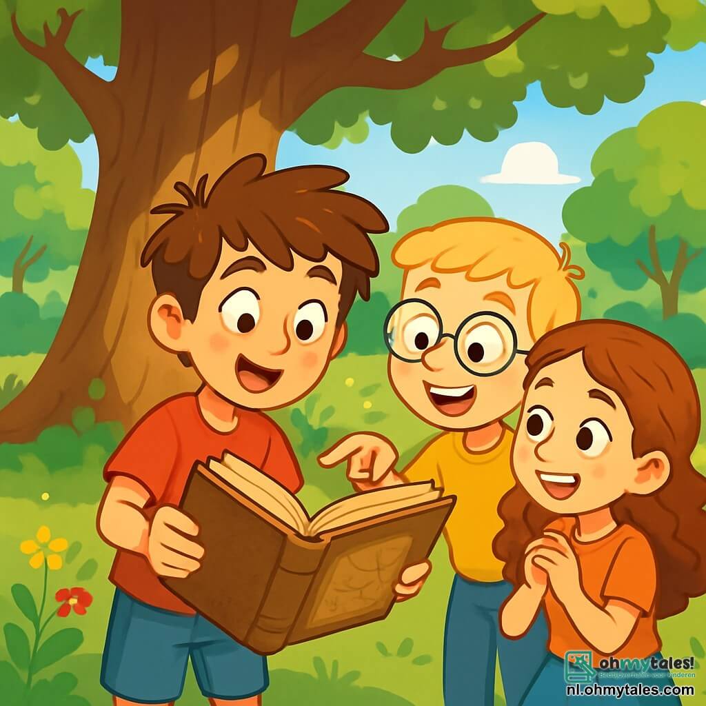 Een 10-jarige jongen, Sam, met rommelig bruin haar en nieuwsgierige ogen, houdt een oud, stoffig boek in zijn handen en toont een uitdrukking van opwinding en verrassing. Naast hem staat zijn vriend Finn, ook 10 jaar, met blond haar en ronde bril, breed lachend terwijl hij naar een mysterieuze kaart in het boek wijst. Iets verderop kijkt Lisa, een 10-jarig meisje met lang, krullend haar, aandachtig naar het boek met glinsterende ogen van enthousiasme. De scène speelt zich af in een groene park vol majestueuze bomen en kleurrijke bloemen, met een grote eik in het midden waar de kinderen zich hebben verzameld. Stralen zonlicht filteren door de bladeren en creëren lichte patronen op de grasvloer. De drie vrienden ontdekken samen een mysterieuze kaart die hen naar een ongelooflijk avontuur zou kunnen leiden, met opwinding op hun gezichten, klaar om de geheimen van het park te verkennen.