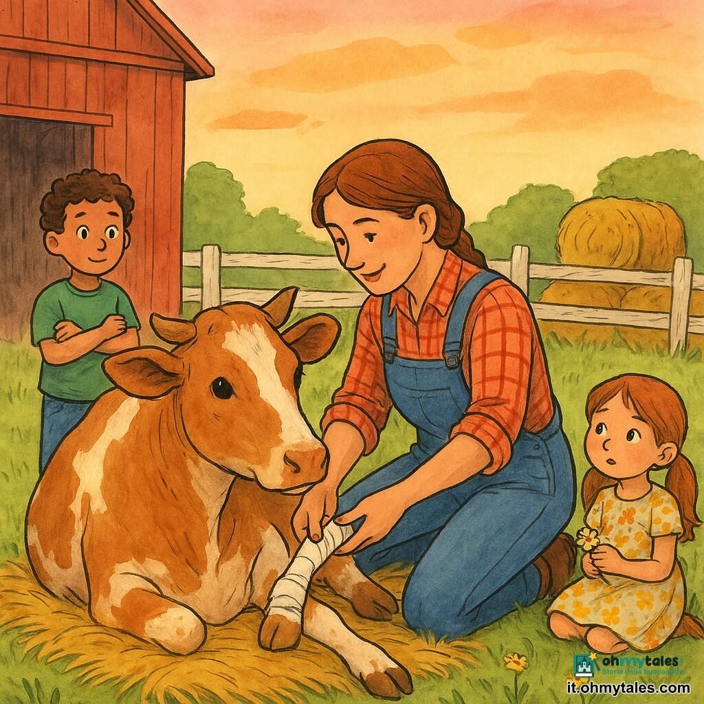 Donna contadina di circa trent'anni con treccia, camicia a quadri rossa e salopette di jeans, accovacciata e sorridente mentre fascia delicatamente la zampa anteriore di una vacca ferita; la vacca, chiamata Stella, è grande, marrone chiaro con macchie bianche, sdraiata su paglia dorata e guarda la donna; a sinistra un ragazzo di circa 8 anni, capelli corti e ricci, jeans e maglietta verde, in piedi con le braccia incrociate e sguardo ammirato; a destra una bambina di circa 6 anni con trecce e vestito a fiori, seduta sull'erba con una corona di margherite, osserva curiosa; cortile di fattoria al crepuscolo con una stalla di legno rossa a sinistra, recinto di assi bianche, balle di fieno, prato verde con fiori gialli e cielo rosato-arancione; situazione principale: la donna cura la vacca con delicatezza mentre i bambini guardano rispettosamente, luce soffusa, texture evidenti di paglia e legno, atmosfera calma e rassicurante.
