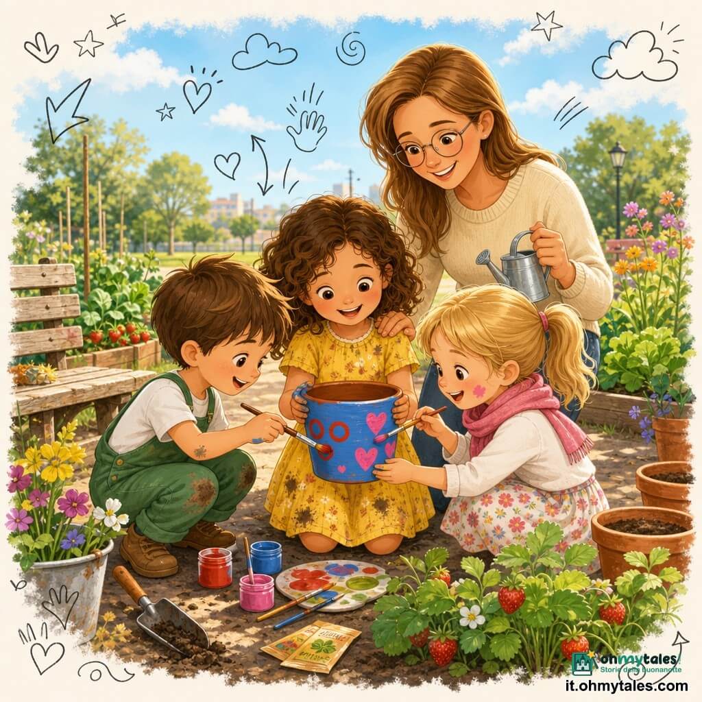 Quattro personaggi: Sofia, bambina di circa 5 anni con capelli castani ricci e vestito giallo sporco di terra, tiene delicatamente un piccolo vaso di terracotta dipinto di blu al centro; Marco, bambino di circa 5 anni con capelli corti castani e salopette verde, accovacciato a sinistra e dipinge cerchi rossi sul vaso; Lea, bambina di circa 5 anni con coda di cavallo bionda, sciarpa rosa e gonna a fiori, a destra disegna cuori rosa sorridendo; la mamma, donna di circa 30 anni con capelli castano chiaro lisci, maglione crema e occhiali sottili, sta dietro Sofia con una mano rassicurante sulla spalla e un piccolo annaffiatoio in metallo; luogo: un giardino condiviso luminoso ai margini di un piccolo parco con aiuole di verdure, file di fragole, vasi di terracotta allineati, terra scura, panchina di legno invecchiata, cielo azzurro chiaro e fiori vivaci; situazione: i bambini dipingono e piantano un "seme d'amore" nel vaso decorato, scene di pennelli, terra, sacchetti di semi, risate e tracce di pittura sulle mani, con piccoli doodle sovrapposti (cuori, mani, stelline) attorno al vaso per un tono affettuoso, colori caldi e luce di tardo pomeriggio, composizione centrata sul vaso e sui volti felici.