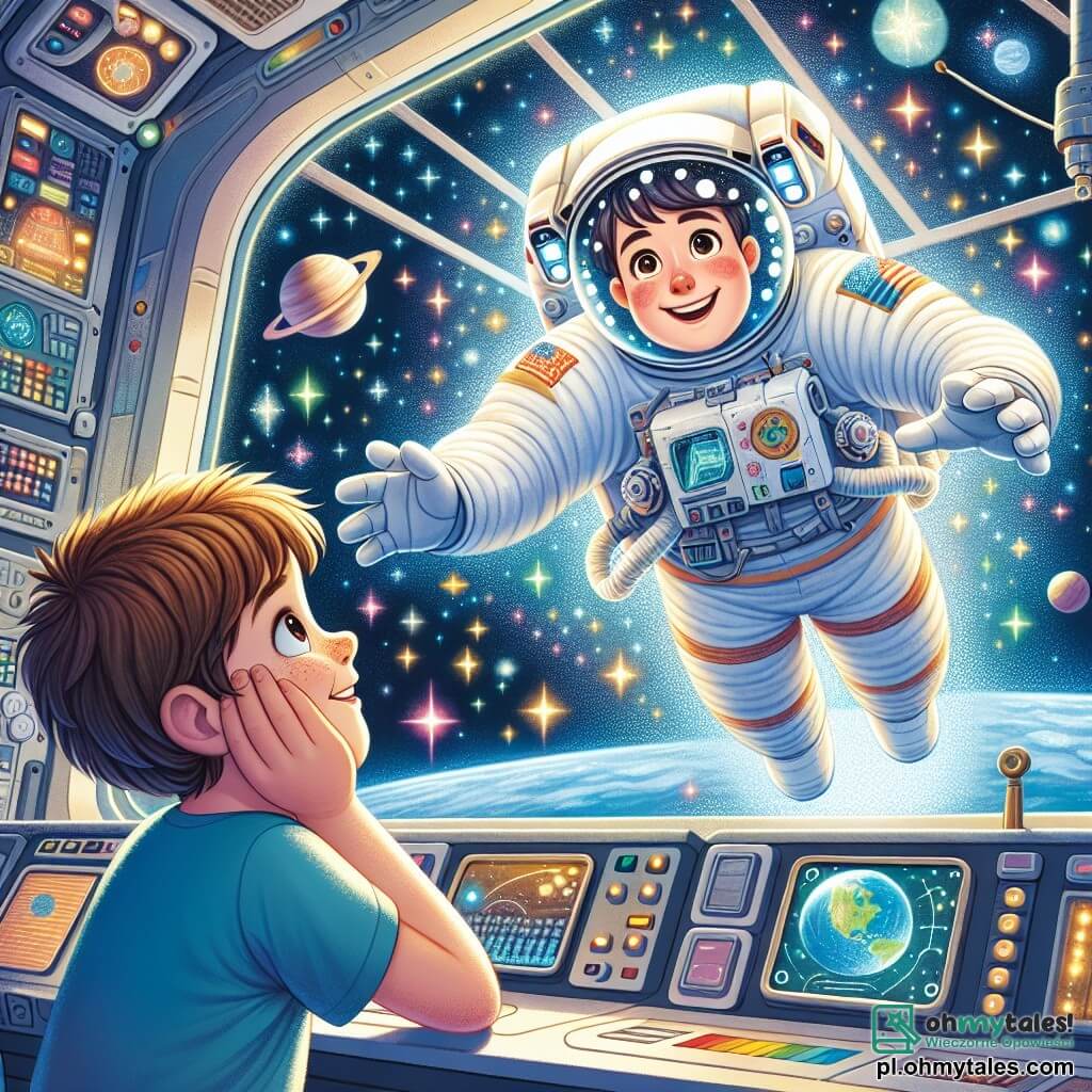 Astronauta Tomek unosi się radośnie w przestrzeni kosmicznej, ubrany w duży biały skafander z kolorowymi detalami. Jego twarz jest widoczna przez hełm, na której maluje się szeroki uśmiech zachwytu, gdy patrzy na migoczące gwiazdy wokół. W pobliżu, 8-letni chłopiec Julek z rozwichrzonymi brązowymi włosami i błyszczącymi oczami siedzi przed ekranem w stacji kosmicznej. Ma na sobie niebieską koszulkę i okulary, z podziwem patrzy na Tomka, trzymając ręce na policzkach. Scena rozgrywa się w futurystycznej stacji kosmicznej z dużymi oknami, oferującymi spektakularny widok na ogrom przestrzeni. W tle widać jasne panele kontrolne i instrumenty naukowe, dodające technologicznego charakteru otoczeniu. Tomek i Julek dzielą magiczny moment, w którym Tomek tłumaczy Julkowi, jak bada gwiazdy, podczas gdy wokół nich świecą jasne gwiazdy i kolorowe planety.