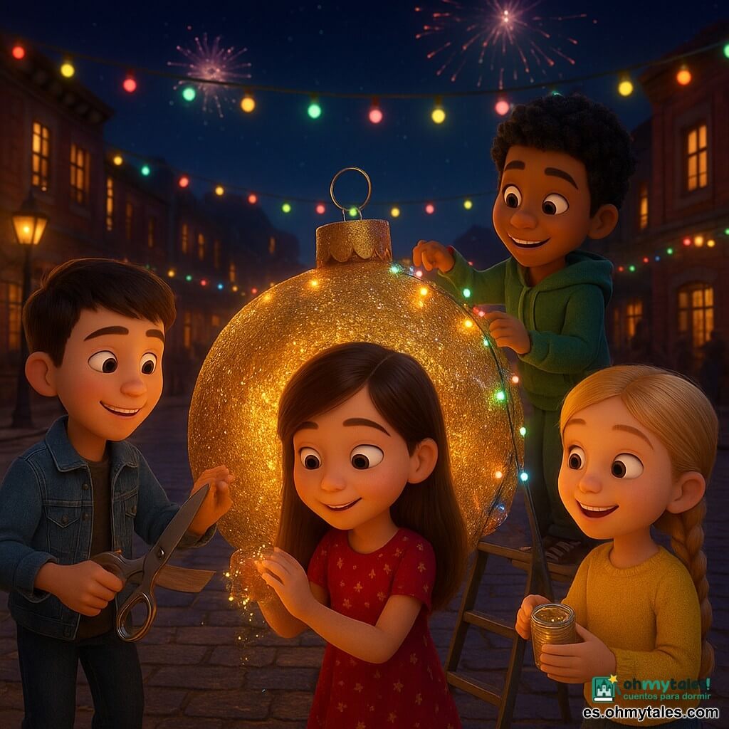 Hay cuatro niños: Lucas, 9 años, cabello castaño corto, chaqueta vaquera, sostiene unas tijeras grandes y una caja de cartón cortada, a la izquierda estabilizando la estructura de la bola; Ana, 8 años, cabello largo castaño, vestido rojo con estrellas, pega purpurina en la superficie, en el centro delante de la bola; Mateo, 9 años, cabello negro rizado, sudadera verde, coloca una guirnalda de luces alrededor de la bola desde una pequeña escalera a la derecha; Sofía, 8 años, trenza rubia, suéter amarillo, sostiene un bote de purpurina abierto y sonríe, delante a la derecha mirando la bola. Lugar: plaza de pueblo por la noche con adoquines brillantes, farolas antiguas, guirnaldas colgadas entre edificios de ladrillo, ventanas iluminadas, gente difusa al fondo y cielo estrellado con fuegos artificiales. Situación: los cuatro decoran y suspenden una gran bola de Año Nuevo de cartón cubierta de purpurina y luces, brillante e iluminada desde dentro, ambiente alegre y cálido, colores vivos y texturas visibles.