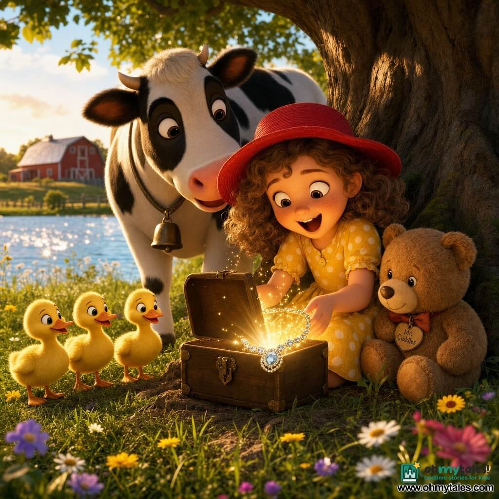 A delighted 4-year-old girl with curly chestnut hair and freckles in a yellow polka-dot dress and red hat kneels under a large oak, opening a small shiny wooden box that reveals a sparkling necklace; Mr. Cuddles, a brown teddy, leans against her right leg watching, a friendly black-and-white spotted cow stands left with its head tilted as if smiling, three yellow ducklings line the grass edge observing, in a sunny lakeside clearing with green grass, wildflowers, a distant red barn and an oak with visible roots and bright green leaves; the scene shows a magical discovery with soft light rays and golden sparkles around the treasure, faces amazed, centered composition, soft rounded 3D style, vivid contrasting colors, plush textures for the bear, smooth fur for the cow, and warm late-afternoon lighting.