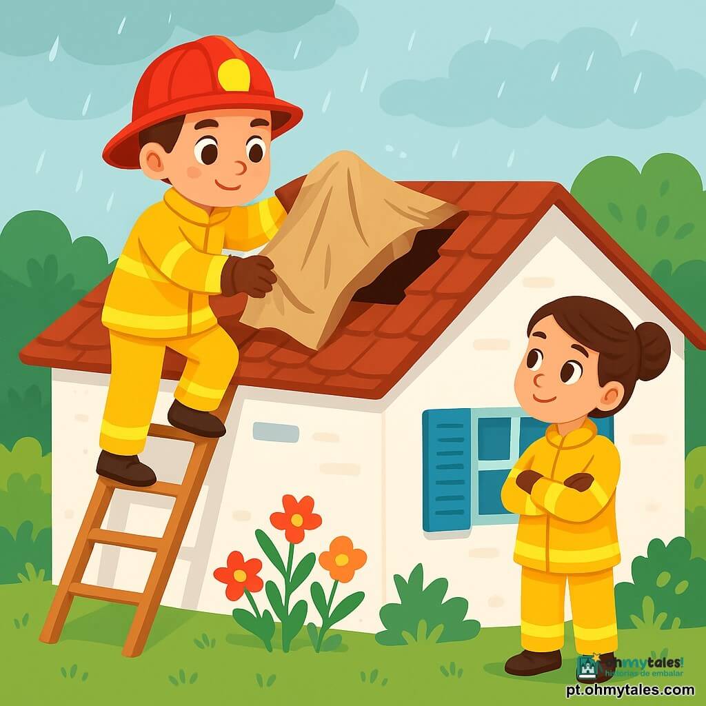 Um bombeiro homem, Miguel, com um capacete vermelho brilhante e um uniforme amarelo, está em cima do telhado de uma casa, com o rosto concentrado e determinado. Seus olhos são grandes e atentos, e um leve sorriso aparece em seus lábios, mostrando sua confiança. A seus pés, uma escada de madeira está encostada na parede, e ele segura um grande pedaço de lona para cobrir um buraco no telhado. Perto dele, Joana, uma bombeira de cerca de 30 anos, com cabelos castanhos presos em um coque e um uniforme similar, observa Miguel com admiração. Ela está de pé no gramado, com os braços cruzados, pronta para ajudá-lo se necessário. O local é uma charmosa casa branca com janelas azuis, cercada por flores coloridas e um jardim verdejante. O céu está nublado, mas a chuva começa a se acalmar, deixando gotas cintilantes nas folhas. A situação principal mostra Miguel consertando o telhado, usando o tecido para evitar que a água entre na casa, enquanto Joana o encoraja de maneira amigável, criando uma atmosfera de cooperação e coragem.
