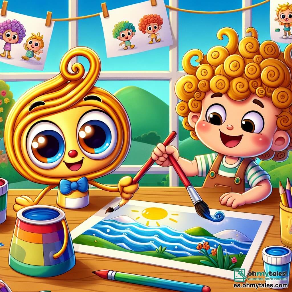 Un pequeño pincel llamado Pincelín, con un cuerpo delgado y colorido, está pintando un lago en un paisaje. Tiene ojos redondos y brillantes, y su expresión muestra una gran concentración y un toque de orgullo. A su lado, una niña de cabello rizado y dorado, que lleva un delantal de pintura, sonríe alegremente mientras sostiene un tarro de pintura azul. Ella está llena de entusiasmo y anima a Pincelín con ojos chispeantes. El escenario es una mesa de dibujo de madera, cubierta de hojas blancas, tarros de pintura colorida y lápices. Al fondo, se ve una gran pared decorada con dibujos de niños, creando un ambiente cálido y creativo. La situación principal muestra a Pincelín, el pincel, que con determinación traza delicadas olas en el lago que pinta, descubriendo así su confianza en sí mismo gracias al aliento de la niña.