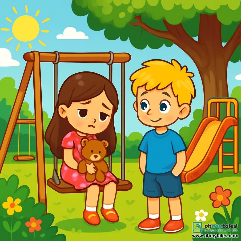 There are two main characters: Lucy, a 7-year-old girl with long brown hair and bright green eyes. She wears a pink dress with white polka dots and holds a small teddy bear against her chest. She is sitting on a swing with her legs dangling, looking sad. Max, a 7-year-old boy with tousled blonde hair and sparkling blue eyes, wears a blue t-shirt and denim shorts. He stands next to Lucy, hands in pockets, with a concerned and compassionate expression. The scene takes place in a sunny playground surrounded by lush trees and colorful flowers. Swings and a slide are in the background, while a majestic oak casts a gentle shadow on the ground. The main situation shows Lucy and Max sitting together on a swing, Lucy holding her teddy bear and looking down, while Max tries to cheer her up with an encouraging smile. Sunlight filters through the leaves, creating a warm and comforting atmosphere despite Lucy's sadness.