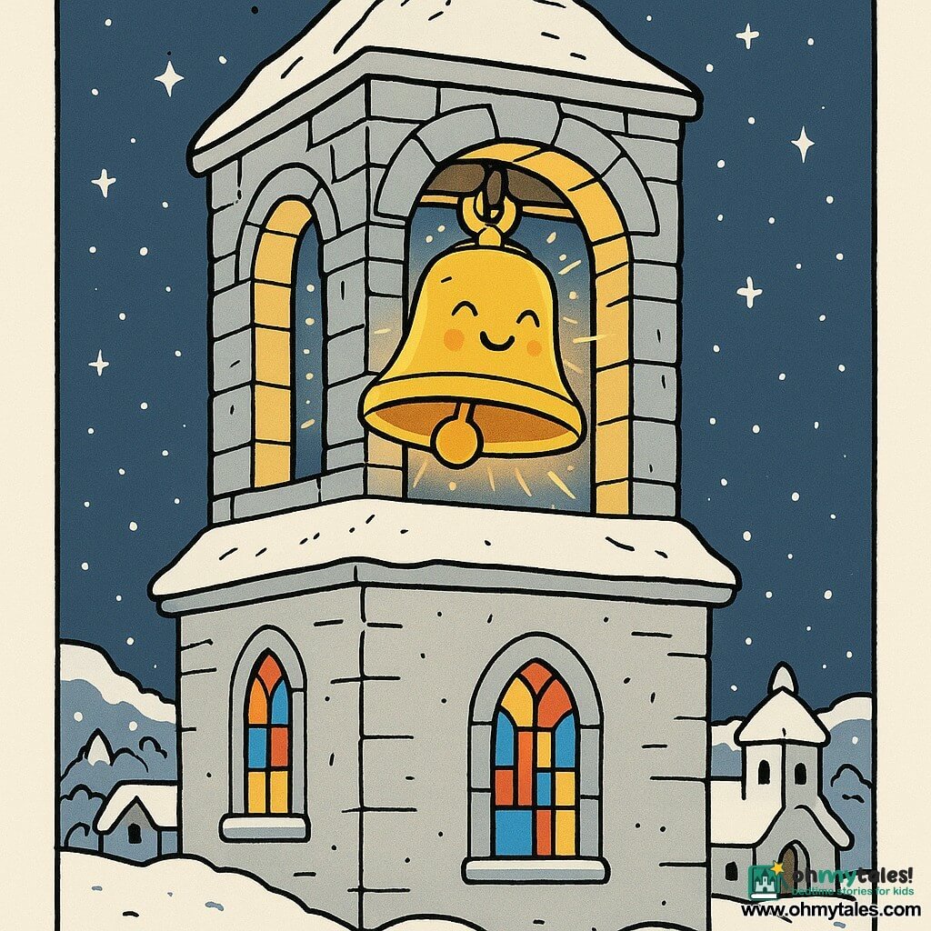 Benny the Bell, a round and golden character, hangs in the top of a bell tower, vibrating with joy and soft light. The bell tower is made of ancient stone, with stained glass windows casting red, blue, and golden reflections on the snow. Below, the little old bell tower, a secondary character, has white walls and a snow-covered roof, radiating warmth and kindness. The scene takes place in a sleepy village, wrapped in a coat of sparkling snow under a starry sky. Benny the Bell is gently ringing, spreading a magical melody that lights up the night and makes the snowflakes dance.