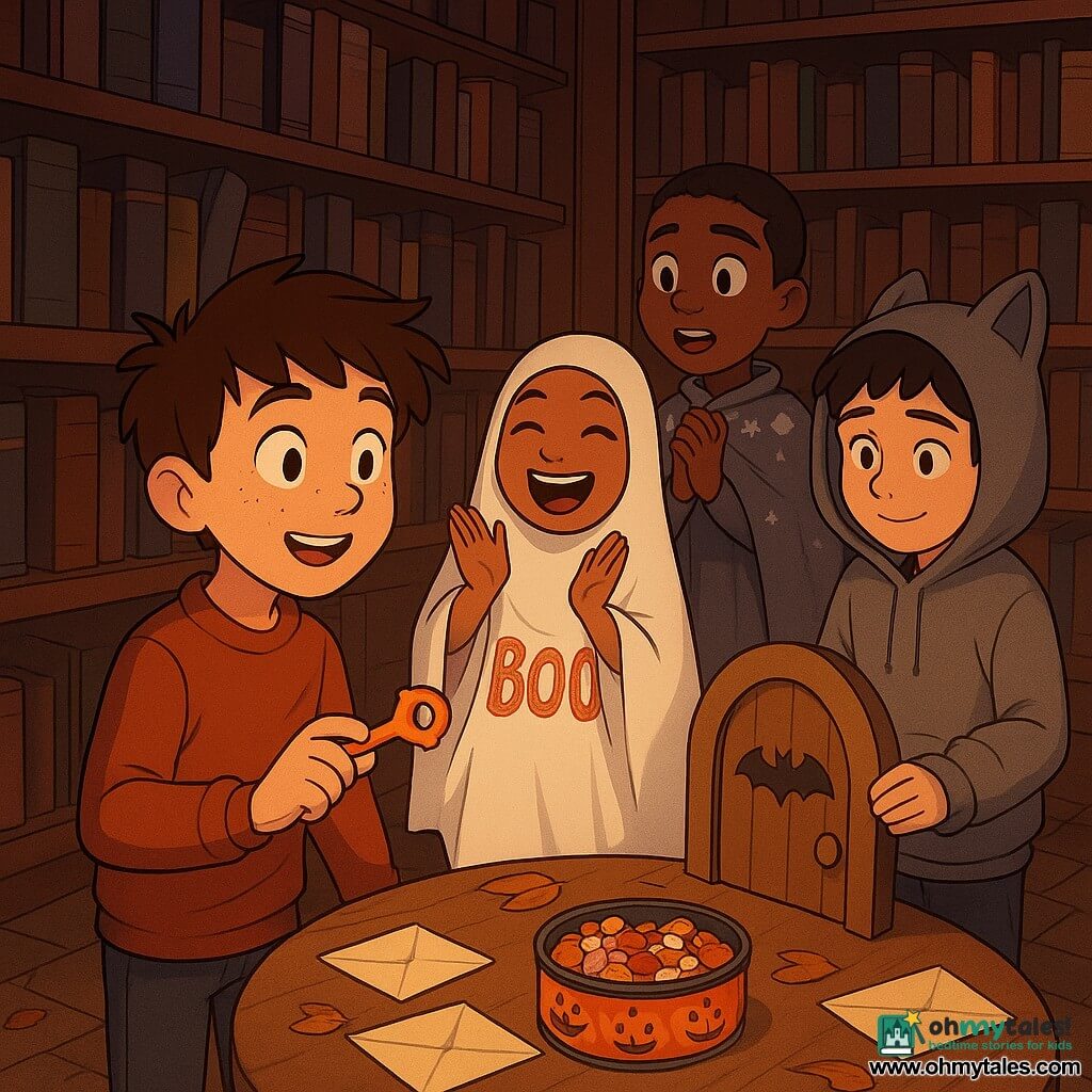 A round-faced 12-year-old freckled boy with messy brown hair, looking both amazed and determined, holds a small orange plastic key with a bat-shaped handle in front of a miniature door hidden among dark wooden library shelves; an ~11-year-old girl dressed as a cheerful ghost in a white sheet with a glittery "BOO" patch, bright eyes and wide smile, stands beside him clapping and hopping; another 12-year-old boy in a silver "space wizard" cape watches admiringly from behind the table, while a shy 12-year-old boy in a gray wolf hoodie (small ears on the hood) stands back near the door, holding the key's ring before offering it; the small secret room in an old library features warm dim light, a round wooden table with a painted metal candy tin and four handwritten envelopes, scattered dead leaves on the tiled floor; the bat-stickered miniature door slowly opens as the key is placed, revealing the candy tin and envelopes, creating a cozy, surprised mood with warm orange and brown tones, crisp cel-shaded contrasts, emphatic expressions and friendly gestures.