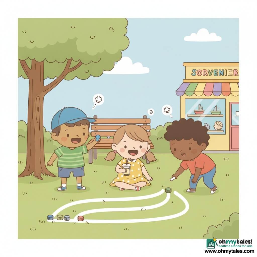 Three 8-year-olds play a bottle-cap race drawn in white chalk on grass in a sunny park: a brown-haired boy with a blue cap and green striped tee holds a blue bottle cap and smiles on the left, a light-brown-haired girl in pigtails and a yellow polka-dot dress sits center on the grass holding a lemonade with a pink straw and looks at the chalk track, and a curly black-haired boy in a red tee stands on the right leaning toward the track showing a green cap while holding white chalk. Behind them is a large oak casting a cut-out shadow, a wooden bench, and a colorful souvenir shop window with toy boats and shells; bright summer sky, warm, vivid colors, joyful expressions, clear composition for easy reading by a child.