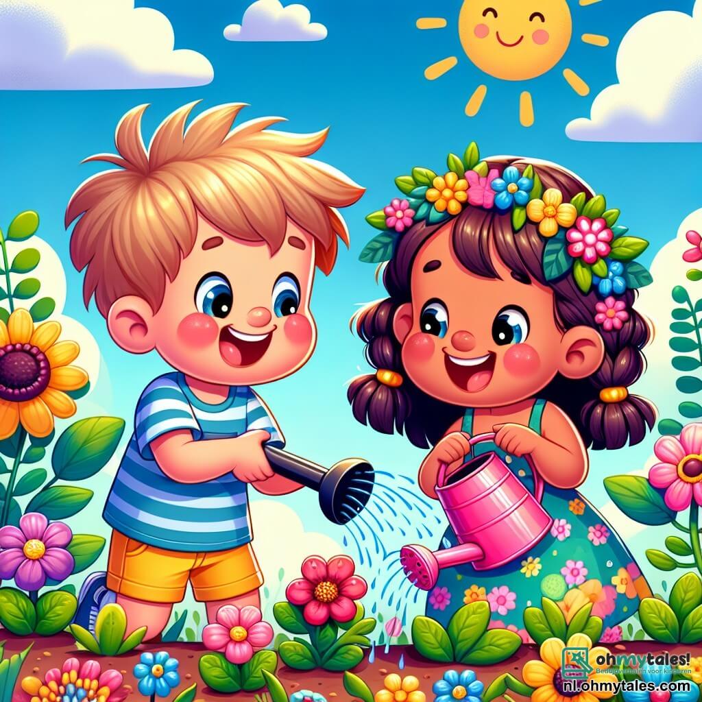 Een jongetje van 2 jaar met rommelig blond haar en een grote blije glimlach water geeft aan bloemen met een roze gietertje. Hij draagt een blauw gestreept t-shirt en een gele short, en zijn wangen zijn roze van blijdschap. Naast hem staat een meisje van 3 jaar met gevlochten bruin haar en een kleurrijke bloemenjurk, dat lacht terwijl ze een klein schepje vasthoudt. Ze leunt naar de planten met sprankelende ogen van opwinding. De scène speelt zich af in een zonnige tuin vol met kleurrijke bloemen, groene groenten en loofbomen. De lucht is blauw met enkele donzige witte wolken. Het jongetje en het meisje hebben plezier met het water geven van de planten, lachend en spelend samen, wat een vreugdevol en kleurrijk zomermoment creëert.
