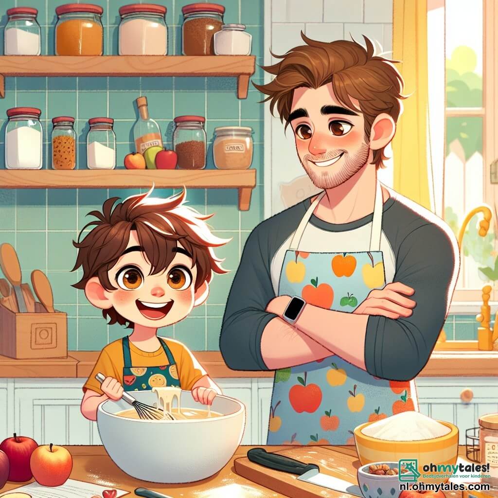 Een 8-jarig jongetje, Tim, met rommelig bruin haar en sprankelende ogen van vreugde, staat in een lichte keuken, omringd door ingrediënten om een heerlijke apple crumble te maken. Hij draagt een kleurr apron met fruitmotieven en heeft een grote glimlach op zijn gezicht, die zijn trots en opwinding toont. Naast hem kijkt zijn papa, een man van ongeveer 35 jaar met kastanjebruin haar en een lichte baard, met bewondering naar Tim, zijn armen over de borst gekruist. Hij draagt een casual t-shirt en een spijkerbroek, en zijn uitdrukking is vol tederheid en verrassing. De scène speelt zich af in een warme keuken, met pastelgele muren, planken vol kruidenpotten en een groot houten aanrecht waar appels, bloem en andere verspreide ingrediënten liggen. Het zonlicht valt door het raam en verlicht de kamer met een zachte gloed. De belangrijkste situatie toont Tim, geconcentreerd en blij, terwijl hij de ingrediënten in een grote kom mengt, terwijl zijn papa hem aanmoedigt met een trotse glimlach. Deze scène vangt de geest van Vaderdag, vol liefde en verbondenheid tussen vader en zoon.