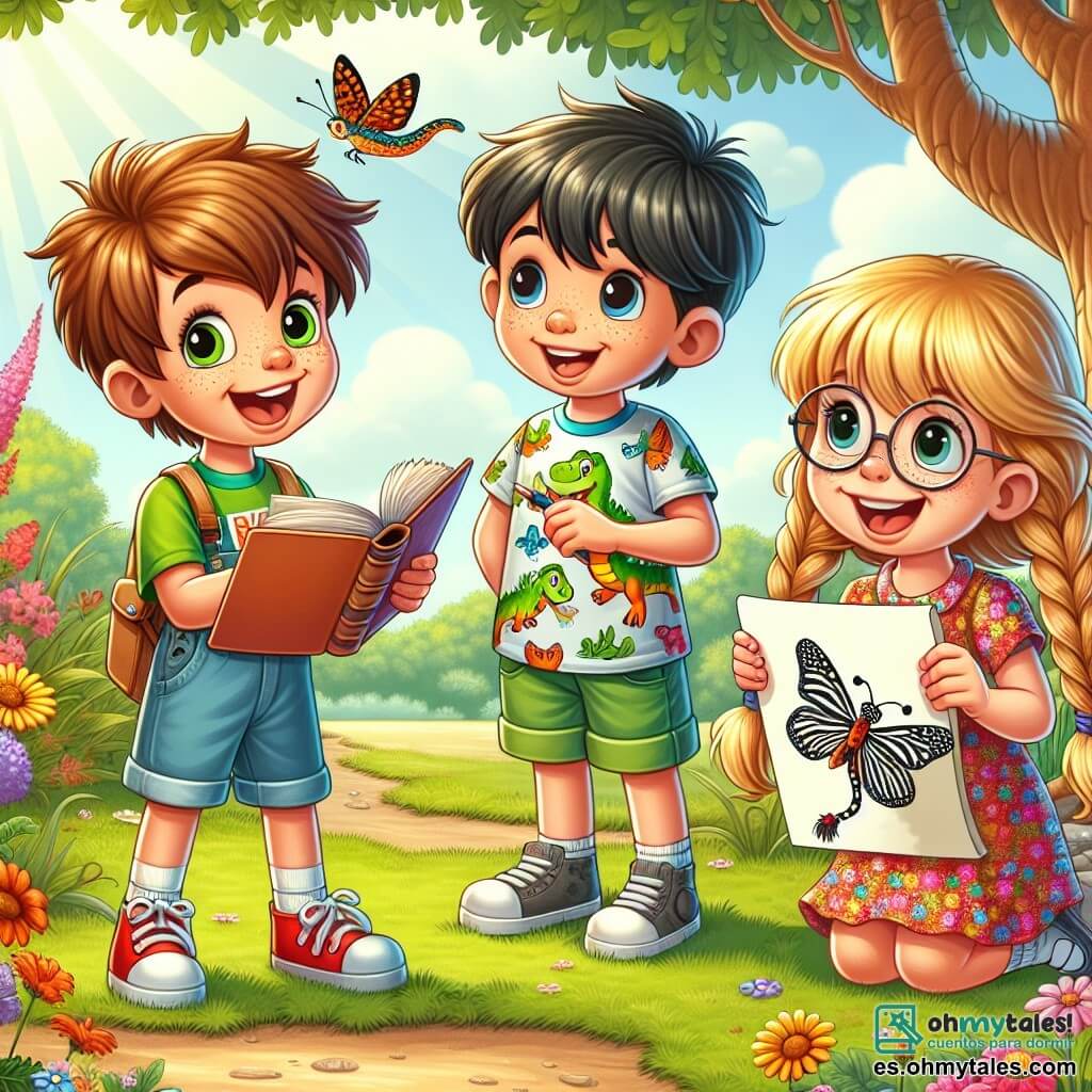 Un niño de 9 años, llamado Pablo, con cabello castaño desordenado y ojos brillantes de curiosidad, está en el centro de la escena, sonriendo y sosteniendo un libro abierto. Lleva una camiseta colorida con dibujos de dinosaurios y un short de mezclilla, mostrando entusiasmo por contar una historia. A su lado, una niña de 9 años, Ana, con largas trenzas rubias y gafas redondas, dibuja alas de cebra en un papel, concentrada en su tarea. Un niño más, Luis, también de 9 años, con cabello negro y pecas, está sentado en la hierba, riendo y escuchando a Pablo, mientras sostiene una pequeña cámara lista para grabar. La escena tiene lugar en un jardín soleado lleno de flores y árboles. Pablo, Ana y Luis están preparando su presentación sobre la verdad y la mentira, sumergidos en un momento de creatividad y amistad.