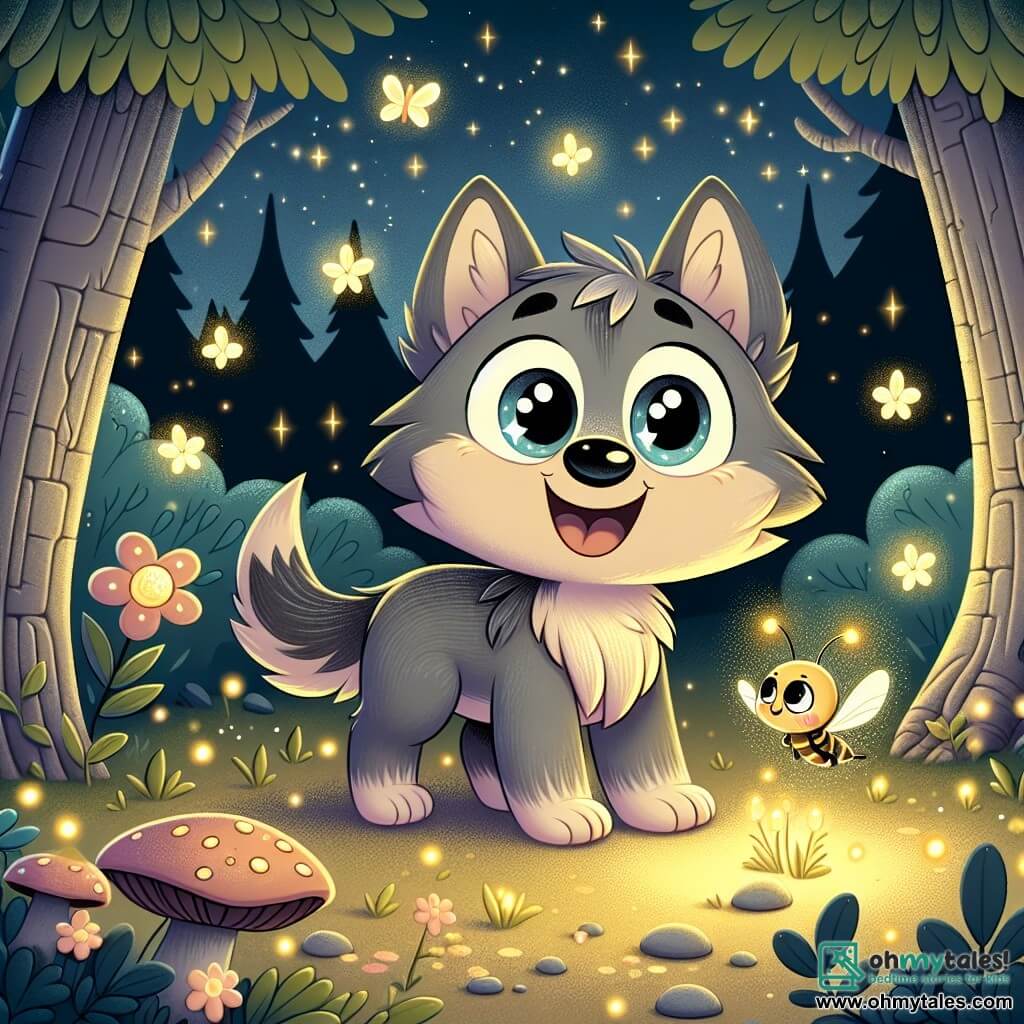 A little wolf named Wally, with soft gray fur and bright eyes, stands at the center of the scene, gazing in wonder at sparkling fireflies dancing around him. Wally has an expression of joy mixed with awe, his pointed ears perked up and his tail wagging with excitement. Next to him, Flick, a small glowing firefly, shines with a golden glow, happily floating in the air. Flick has a smiling face and delicate wings, seemingly encouraging Wally to explore the magic of the night. The scene takes place in an enchanted clearing, surrounded by tall, gnarled trees and flowering bushes, under a starry sky where stars sparkle like diamonds. The ground is dotted with nocturnal flowers gently opening, adding a touch of color to the darkness. Wally, with Flick by his side, discovers the beauty of the night, amazed by the display of fireflies and glowing mushrooms illuminating the clearing, transforming his fear of the dark into a magical adventure.