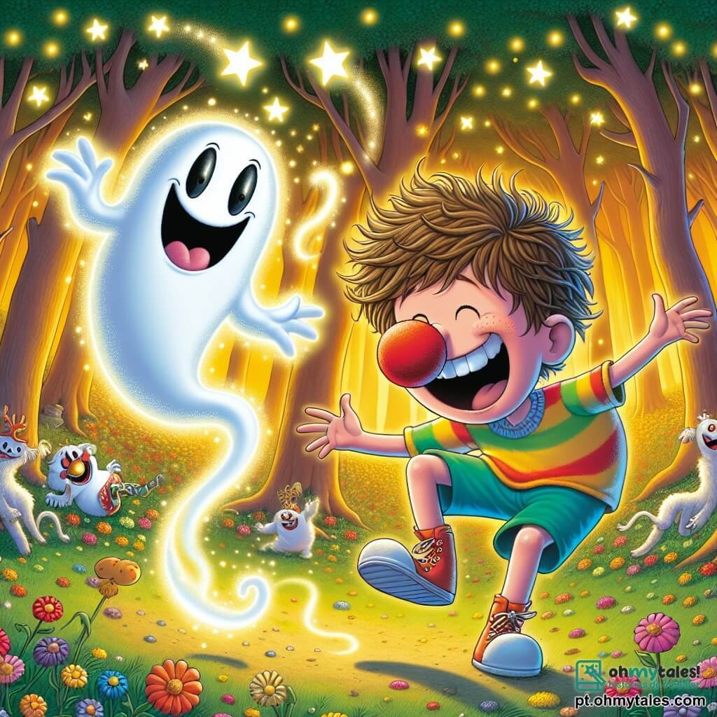 Um fantasma amigável chamado Zuzu, flutuando no ar, tem um corpo translúcido e vaporoso, com um grande sorriso e olhos brilhantes de malícia. Ele faz piruetas alegres, cercado por pequenas estrelas cintilantes. Ao seu lado, um menino de 9 anos chamado Léo, com cabelos castanhos bagunçados e vestindo uma camiseta colorida e shorts, ri às gargalhadas segurando um nariz de palhaço vermelho. Léo está em um chão coberto de flores multicoloridas, com árvores dançantes ao fundo. A cena se passa na Floresta Brilhante, uma floresta mágica onde as árvores têm rostos sorridentes e as flores parecem cantar, banhada por uma luz dourada do sol poente. Nessa situação, Léo e Zuzu se divertem fazendo os animais da floresta rirem, criando uma atmosfera alegre e cheia de risadas.