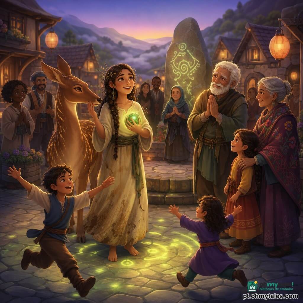 A personagem principal é Amara, jovem de rosto suave e olhos brilhantes, expressão emocionada, cabelos trançados com ramos, vestida com vestido de linho creme manchado de terra, segurando junto ao peito uma pedra de jade verde luminosa; ao seu lado, uma grande corça de pelagem cobreada e mechas douradas, olhar calmo e protetor, encostando o focinho na sua mão; aldeões reúnem-se na praça de pedras ao crepúsculo — um homem idoso de cabelos brancos com as mãos juntas e olhos marejados, uma mulher idosa de xale bordado com a mão no ombro de uma criança, e duas crianças correndo e rindo perto dos bancos; no centro da praça, uma grande laje de pedra com runas e lampiões de tecido pendurados, flores silvestres nos muros e colinas enevoadas ao fundo; a jade emite um brilho verde quente que projeta padrões sobre os paralelepípedos, criando uma atmosfera doce, mágica e festiva.