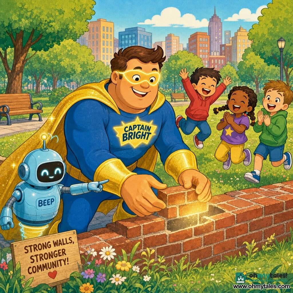 A heroic man, Captain Bright, smiling and confident with a round face, glowing mask, shimmering gold cape and shiny yellow boots, repairs a brick wall with large strong hands in a dynamic, generous pose; a small robot, Beep, about 1 m tall with a light-blue rounded metal body and friendly LED eyes buzzes beside the wall and points to the repair with an articulated arm; three children (boys 6 and 7 with short hair, girl 5 with braids) in colorful clothes applaud and smile; an urban park with soft green grass, wooden benches, round-leaved trees, a paved path, wildflowers and bright buildings in the background; joyful, reassuring scene with warm colors, strong contrast, soft lines and rounded contours.